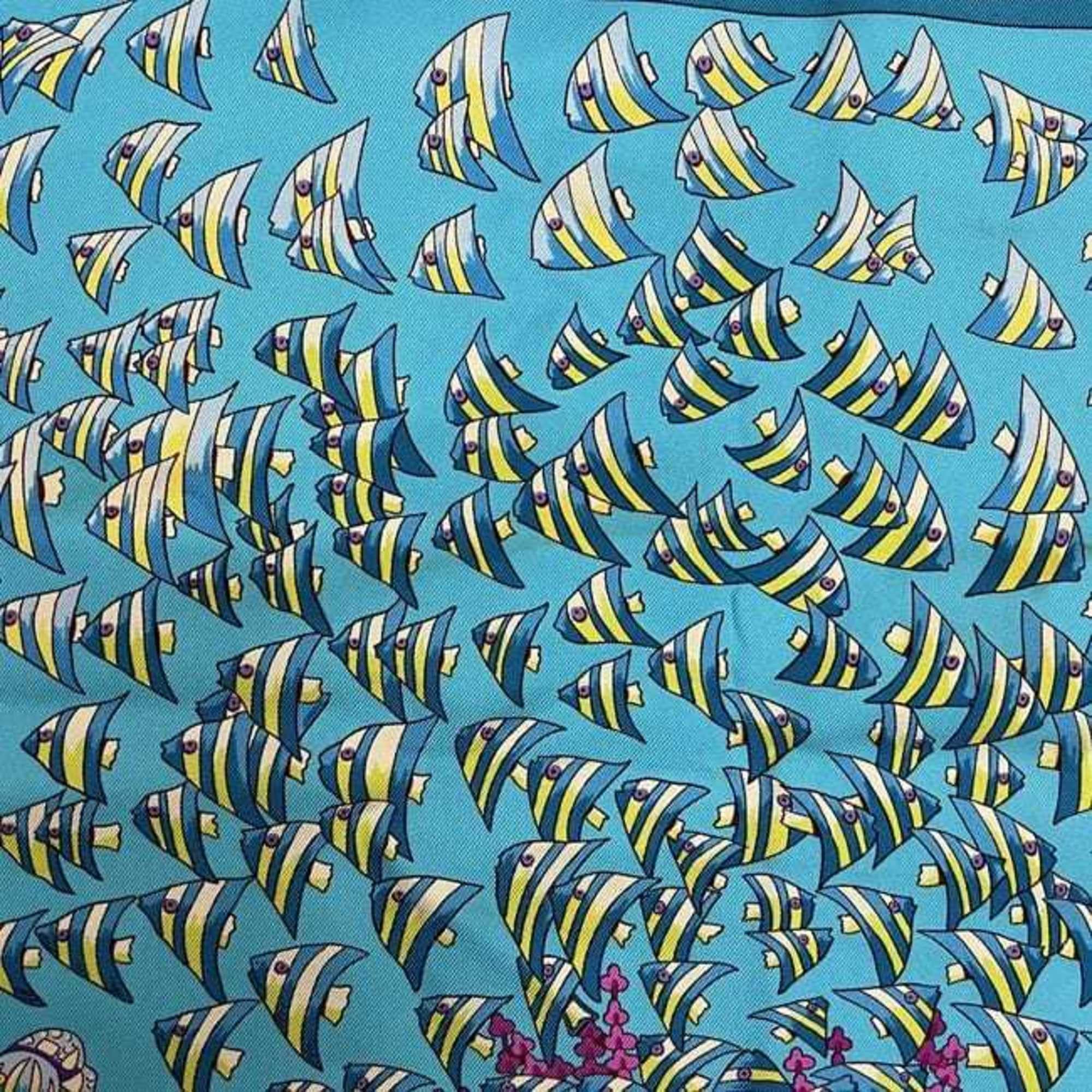 Hermes Hermès Carré 90 Scarf (ec-24760) Light Blue, Silk, 100% HERMES RENCONTRE OCEANE, Large Fish Design, Men's/Women's Size ONE SIZE - 6 Thumbnail