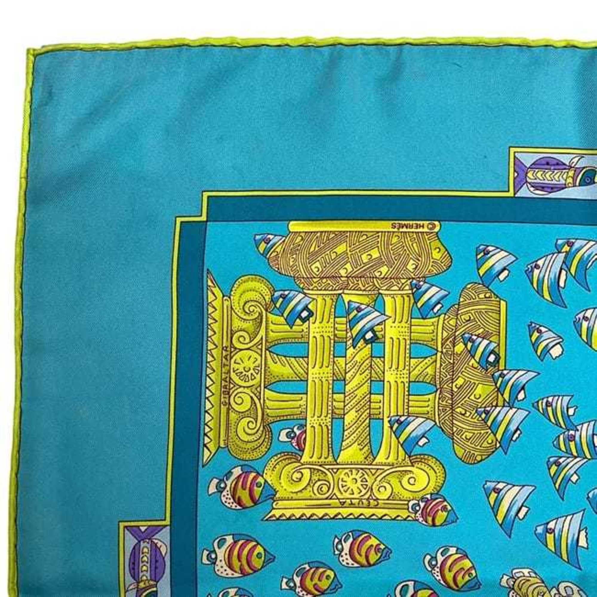Hermes Hermès Carré 90 Scarf (ec-24760) Light Blue, Silk, 100% HERMES RENCONTRE OCEANE, Large Fish Design, Men's/Women's Size ONE SIZE - 8 Thumbnail