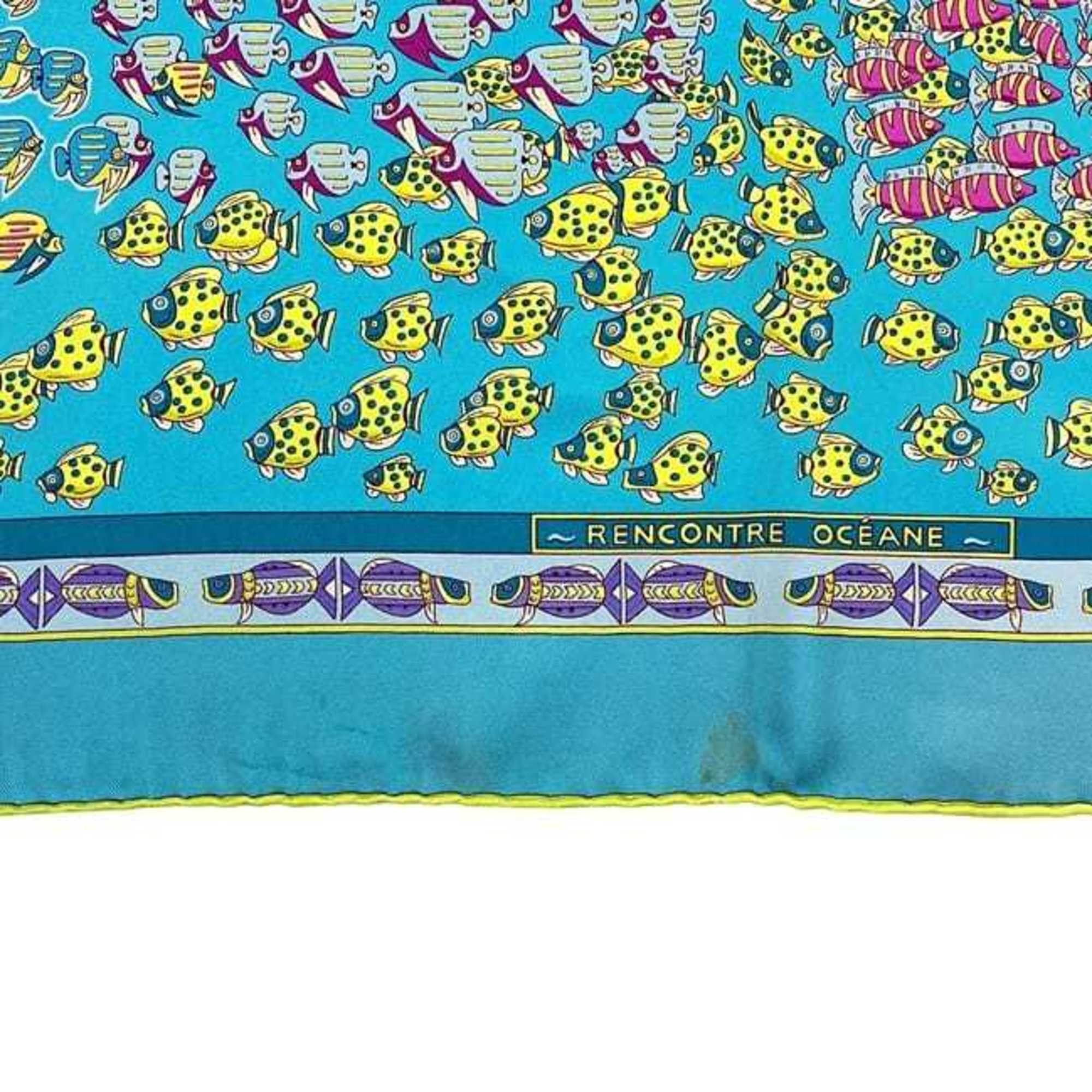 Hermes Hermès Carré 90 Scarf (ec-24760) Light Blue, Silk, 100% HERMES RENCONTRE OCEANE, Large Fish Design, Men's/Women's Size ONE SIZE - 4 Thumbnail