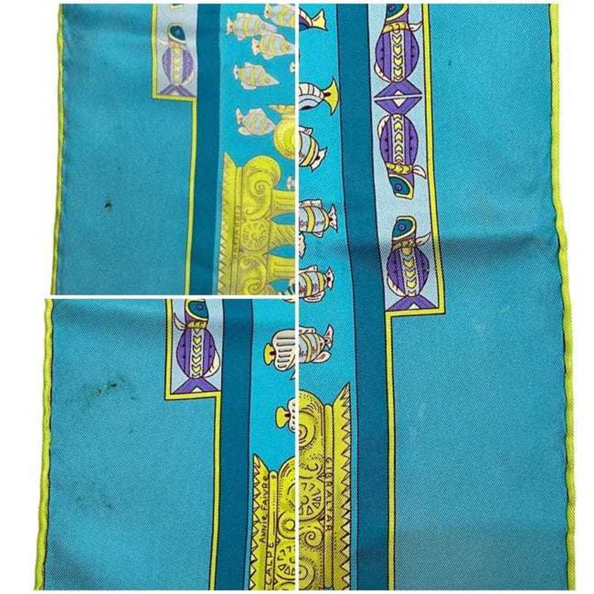 Hermes Hermès Carré 90 Scarf (ec-24760) Light Blue, Silk, 100% HERMES RENCONTRE OCEANE, Large Fish Design, Men's/Women's Size ONE SIZE - 11 Thumbnail