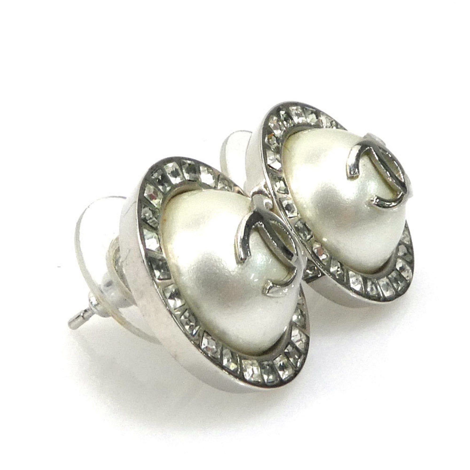 Chanel CHANEL Coco Mark Metal/Faux Pearl Earrings, Silver/White, Women's, e61246a Size ONE SIZE - 2 Thumbnail