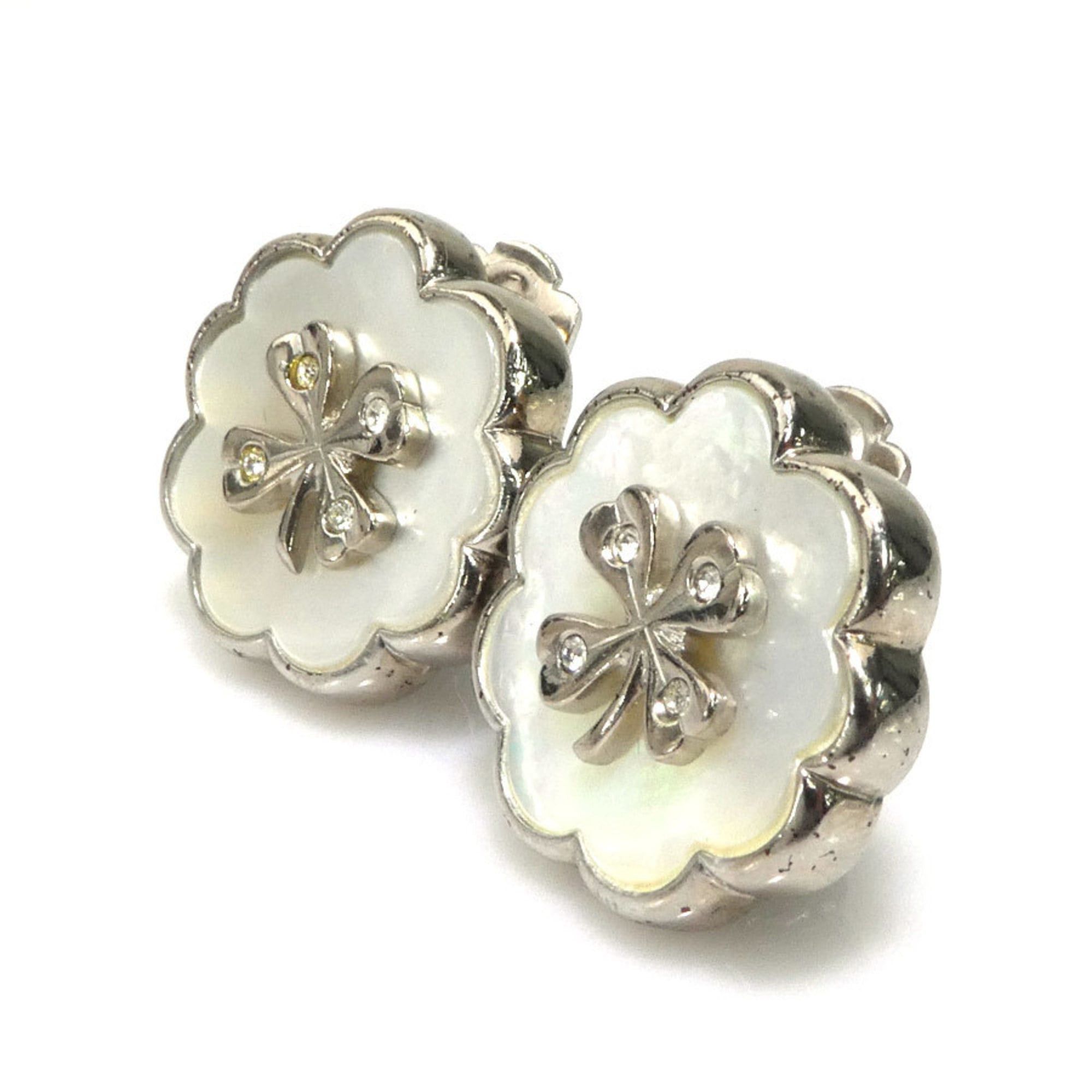 Chanel CHANEL Clover Earrings, Metal/Shell, Silver/White, Women's, e61206a Size ONE SIZE - 2 Thumbnail