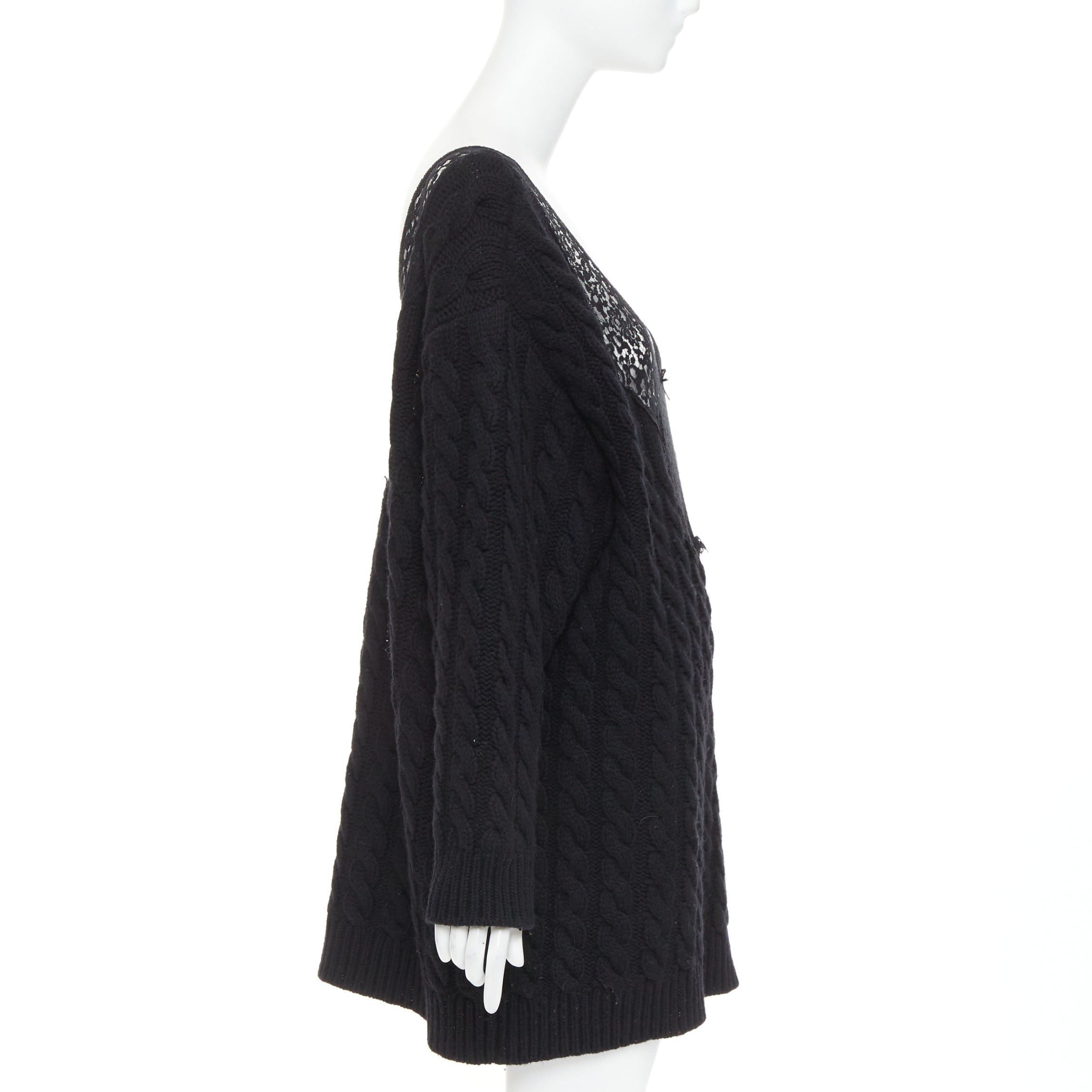 Balenciaga BALENCIAGA DEMNA 2017 black virgin wool cotton blend cable knit lace plunge oversized sweater FR36 S Size S / US 4 / IT 40 - 4 Thumbnail