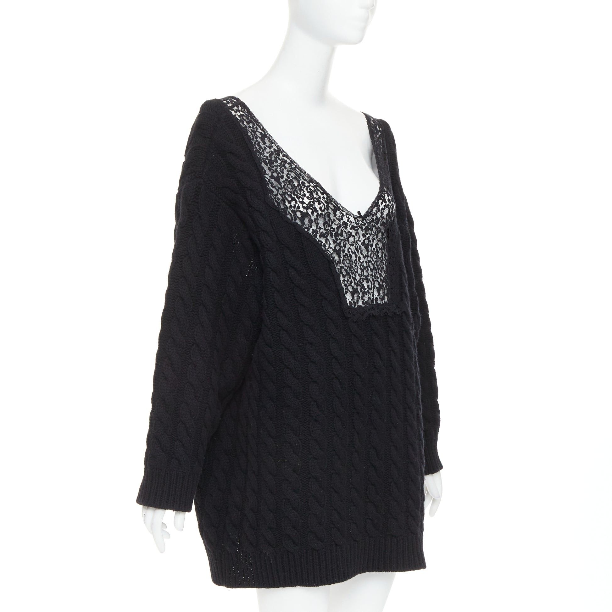Balenciaga BALENCIAGA DEMNA 2017 black virgin wool cotton blend cable knit lace plunge oversized sweater FR36 S Size S / US 4 / IT 40 - 3 Thumbnail