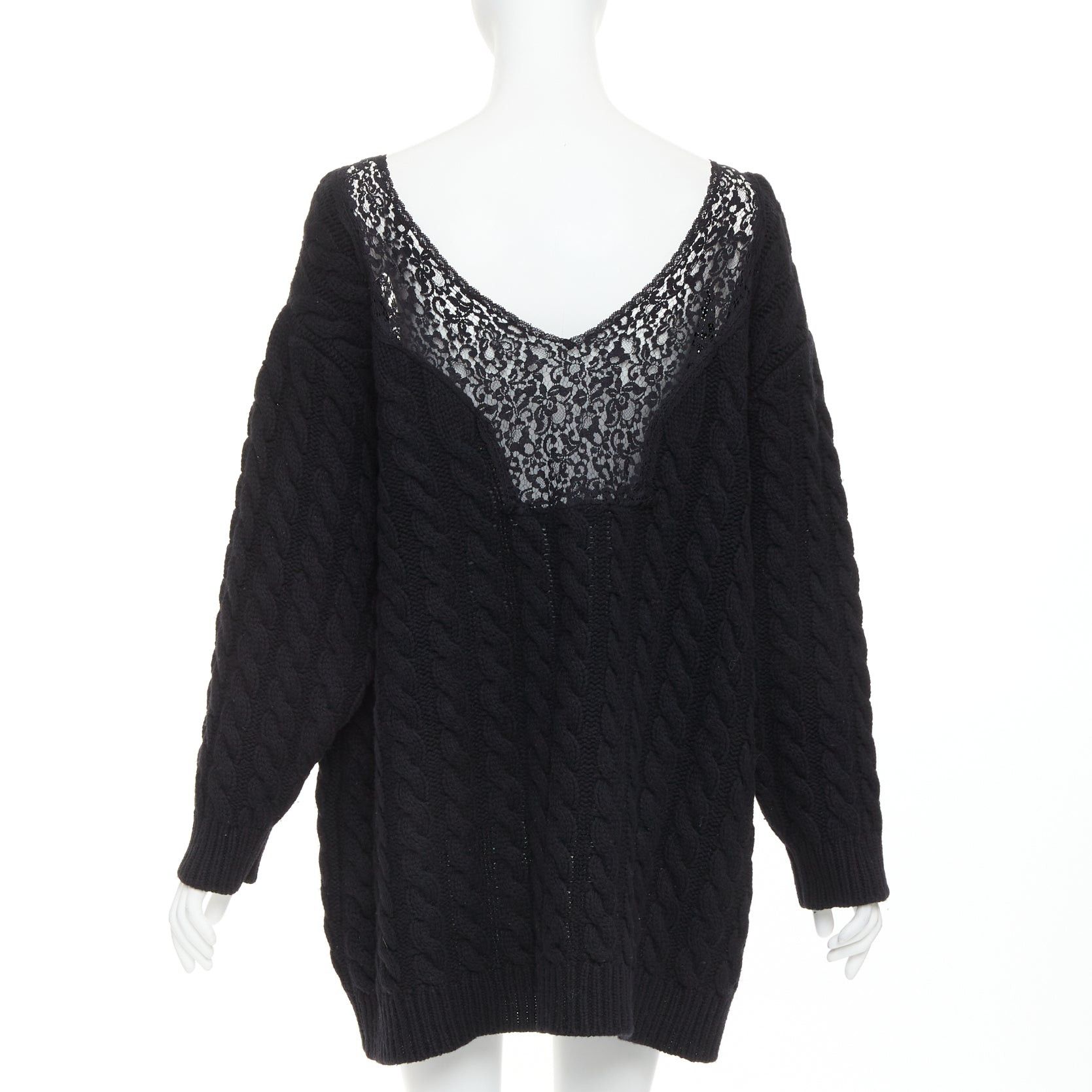 Balenciaga BALENCIAGA DEMNA 2017 black virgin wool cotton blend cable knit lace plunge oversized sweater FR36 S Size S / US 4 / IT 40 - 5 Thumbnail