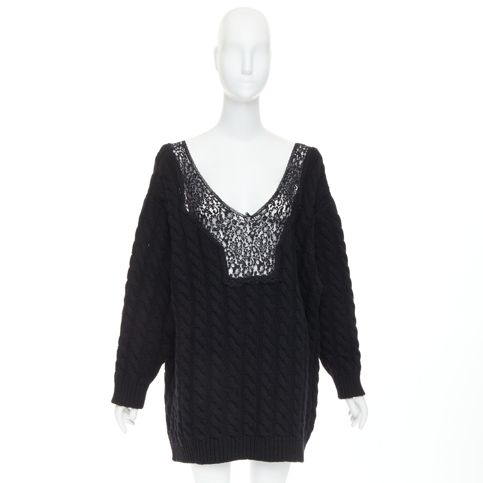 Balenciaga BALENCIAGA DEMNA 2017 black virgin wool cotton blend cable knit lace plunge oversized sweater FR36 S Size S / US 4 / IT 40 - 9 Thumbnail