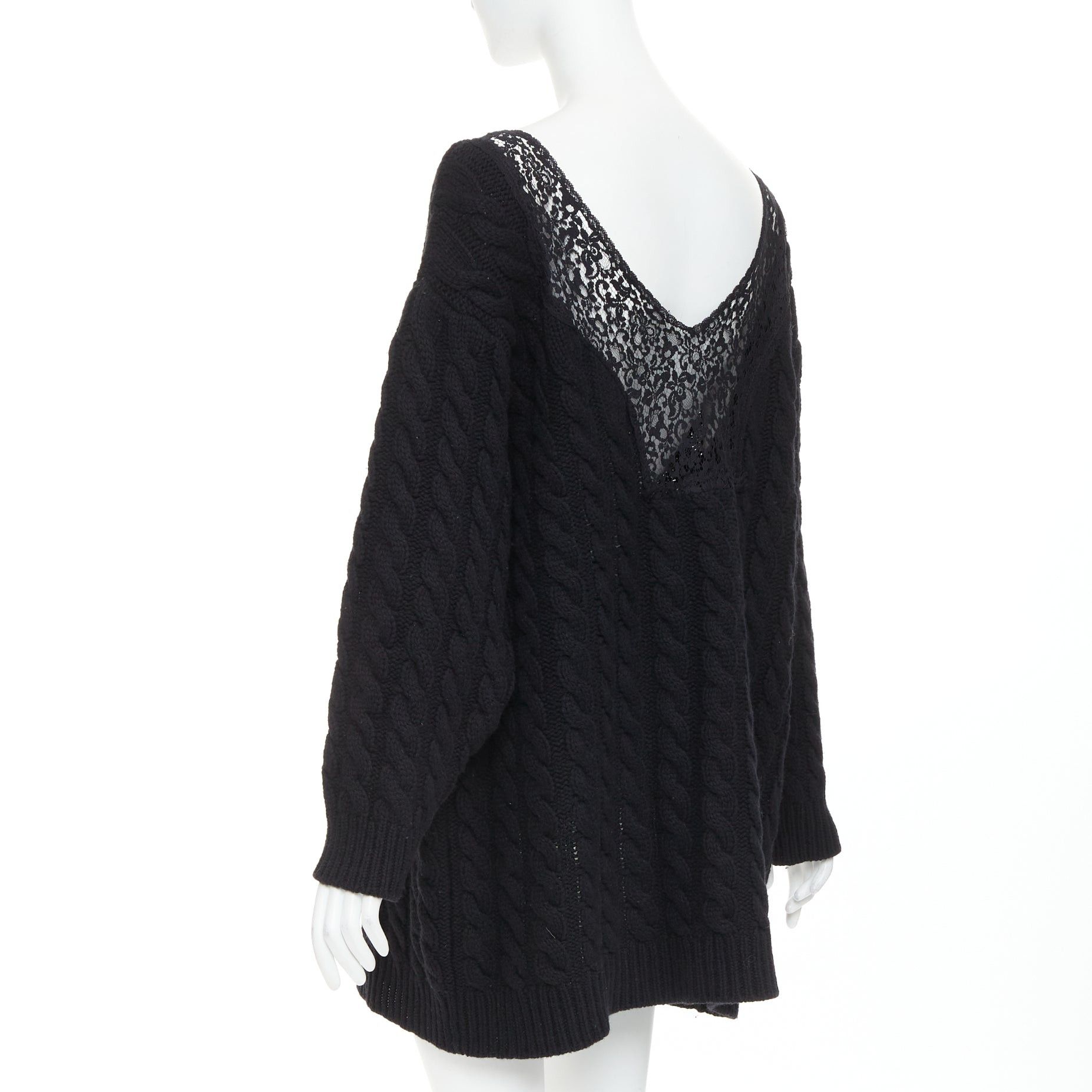 Balenciaga BALENCIAGA DEMNA 2017 black virgin wool cotton blend cable knit lace plunge oversized sweater FR36 S Size S / US 4 / IT 40 - 6 Thumbnail