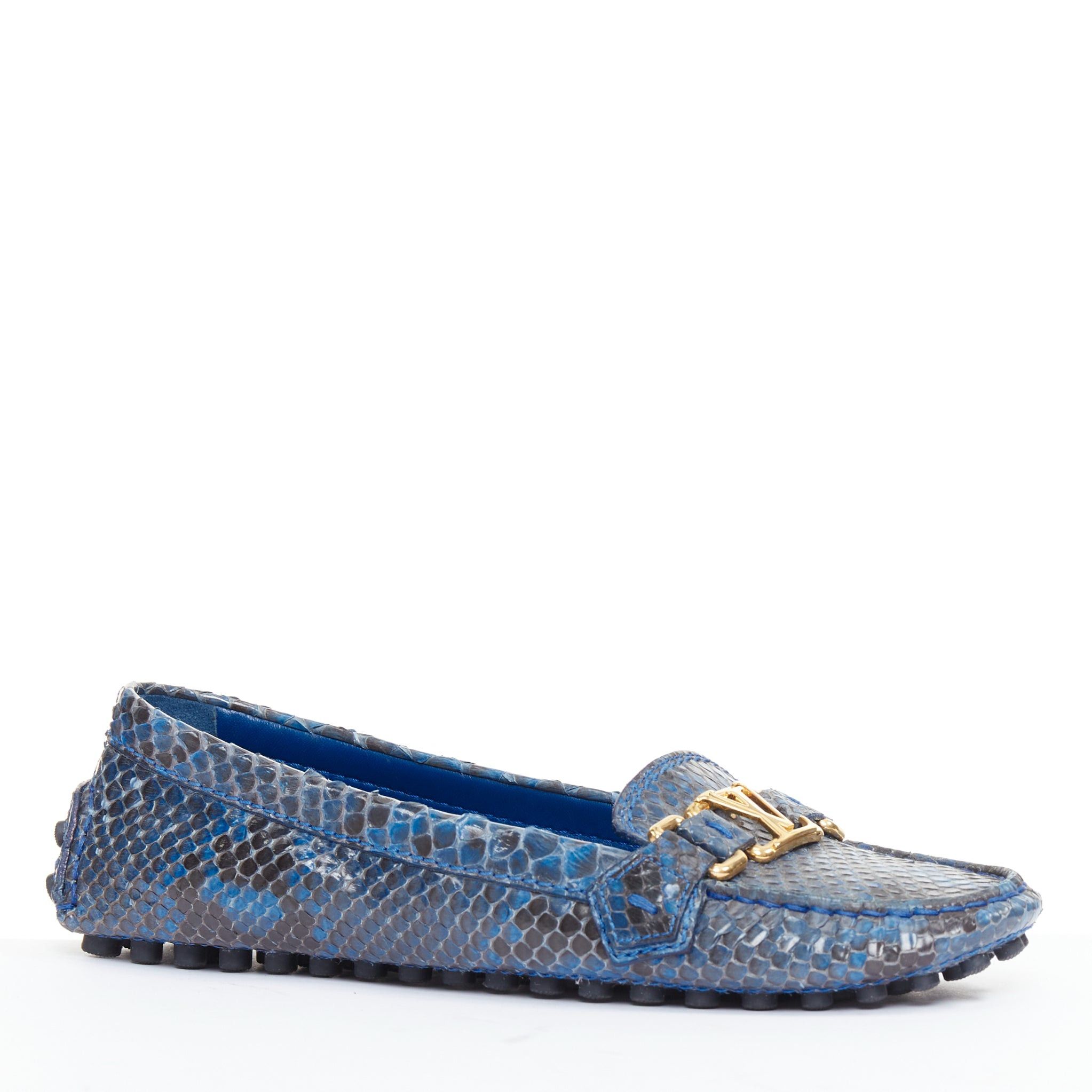 Louis Vuitton LOUIS VUITTON Dauphine blue polished snake leather gold LV logo loafers EU37 Size US 7 / IT 37 - 3 Thumbnail