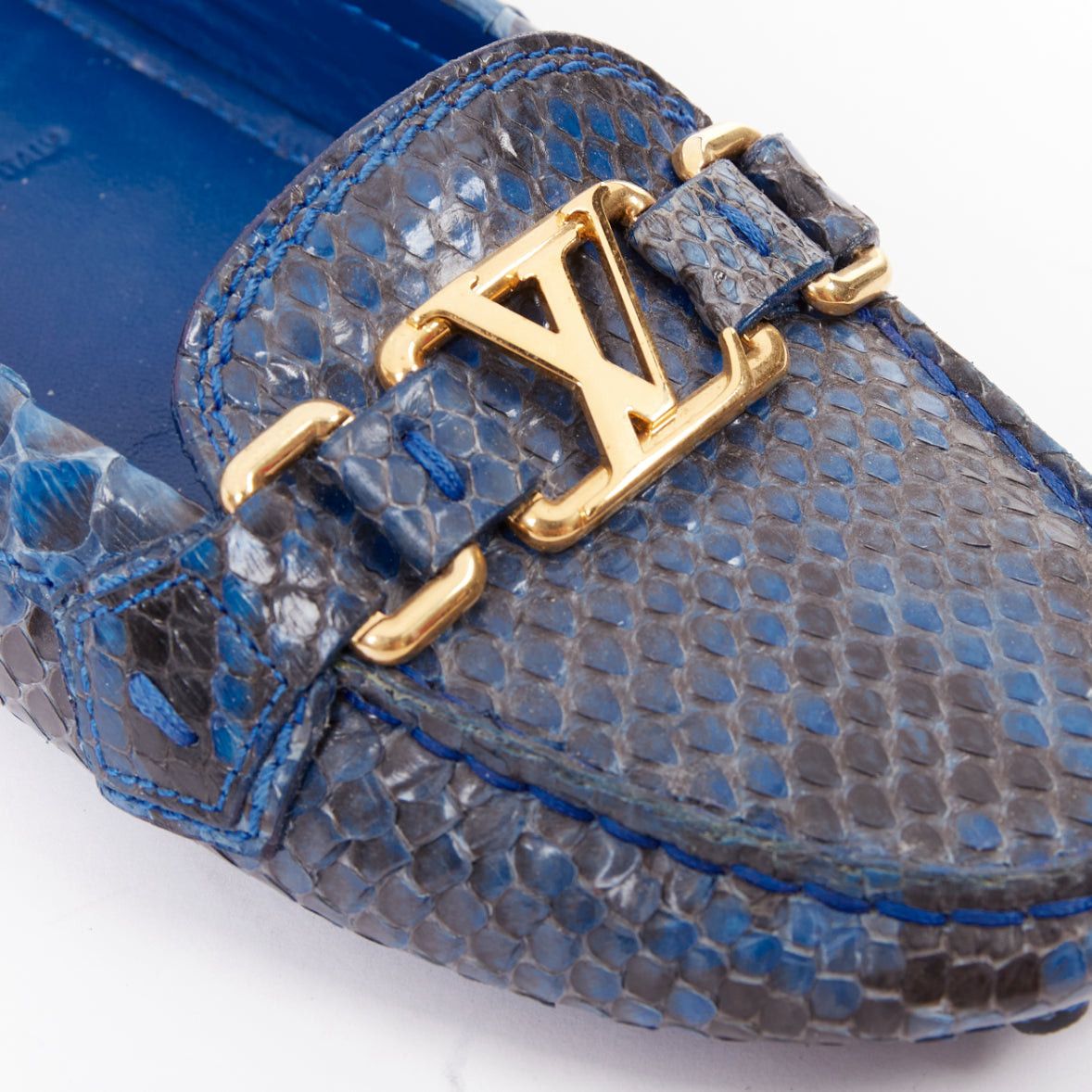 Louis Vuitton LOUIS VUITTON Dauphine blue polished snake leather gold LV logo loafers EU37 Size US 7 / IT 37 - 7 Thumbnail