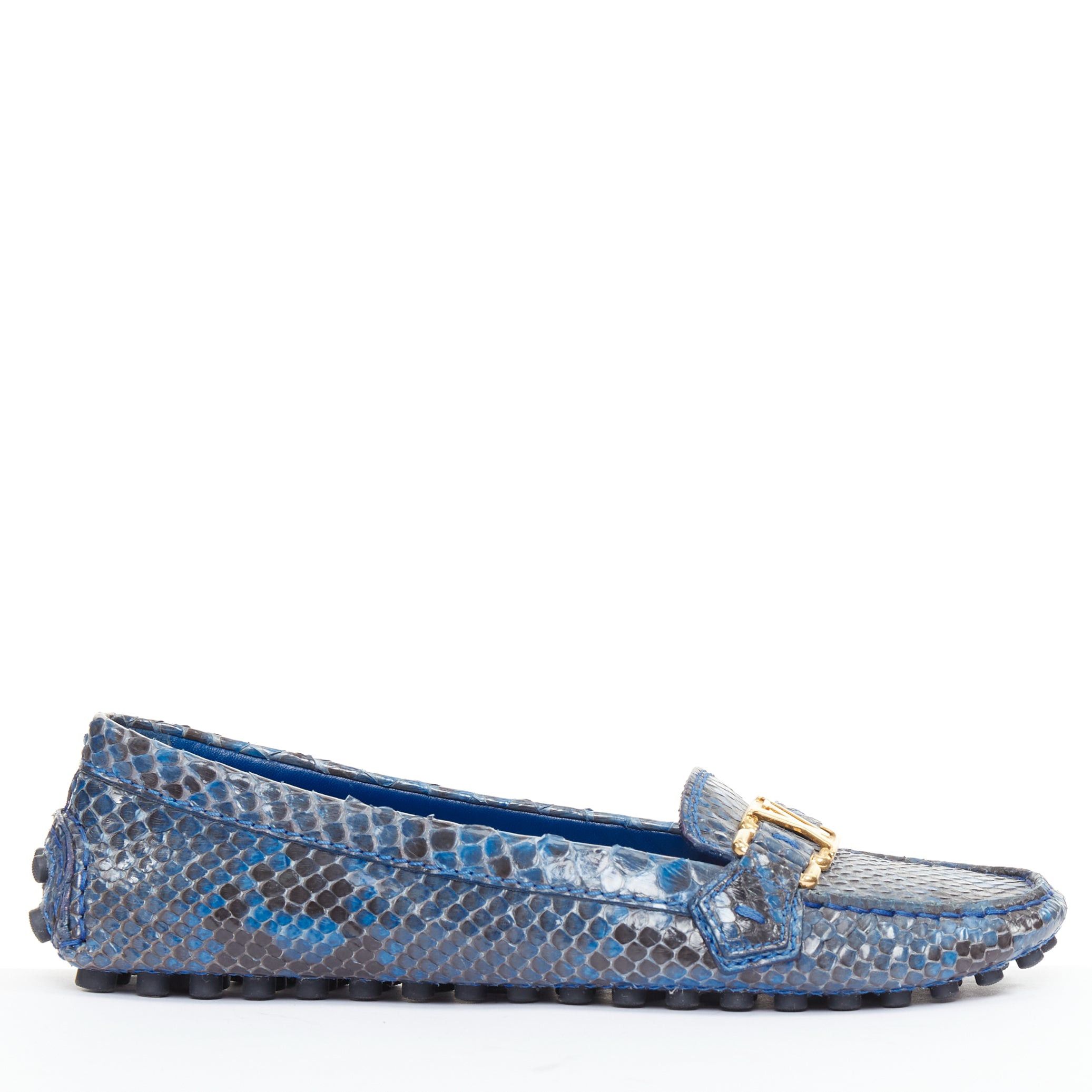 Louis Vuitton LOUIS VUITTON Dauphine blue polished snake leather gold LV logo loafers EU37 Size US 7 / IT 37 - 2 Thumbnail