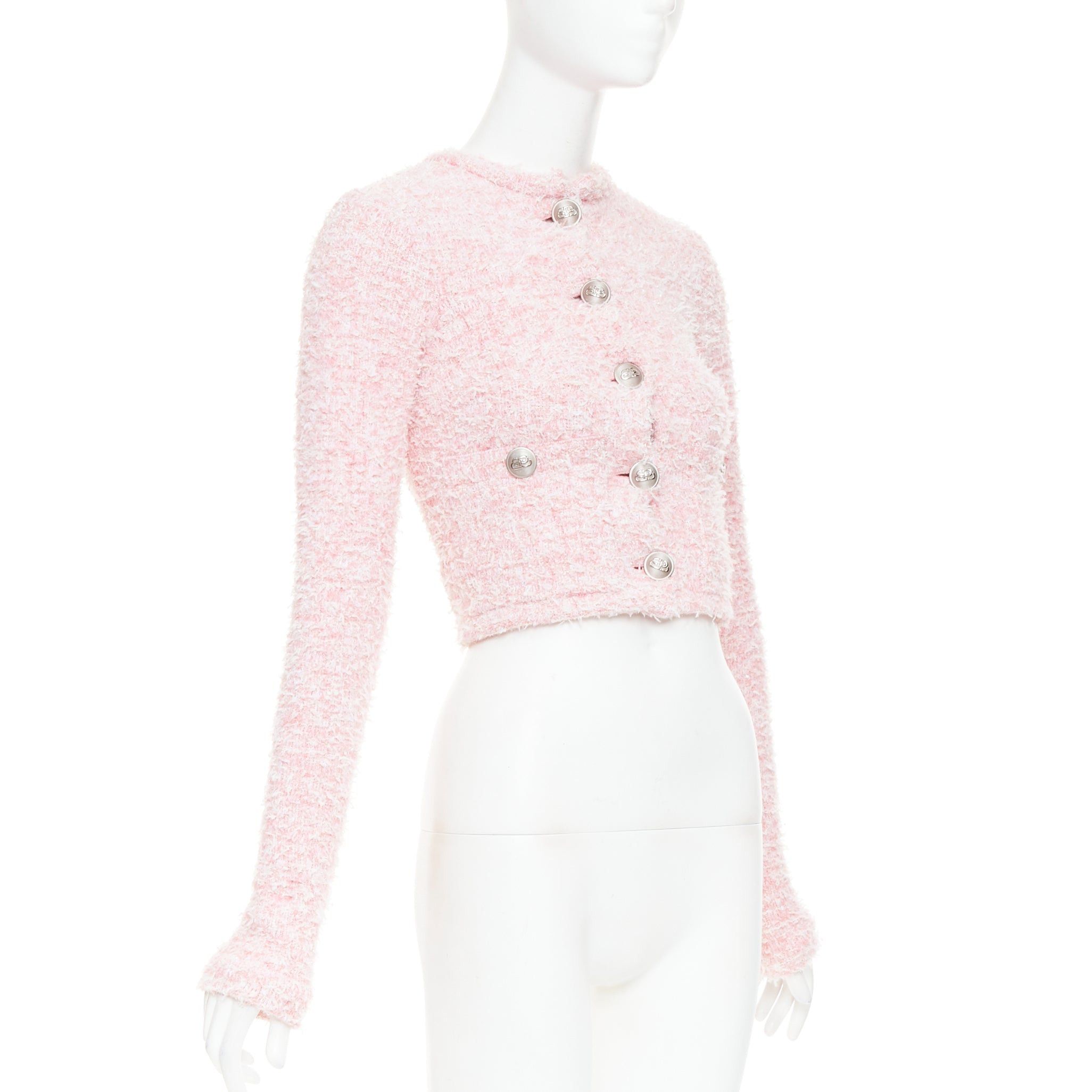 Balenciaga BALENCIAGA Demna 2024 pink cotton blend tweed BB logo cropped jacket XS Size S / US 4 / IT 40 - 4 Thumbnail