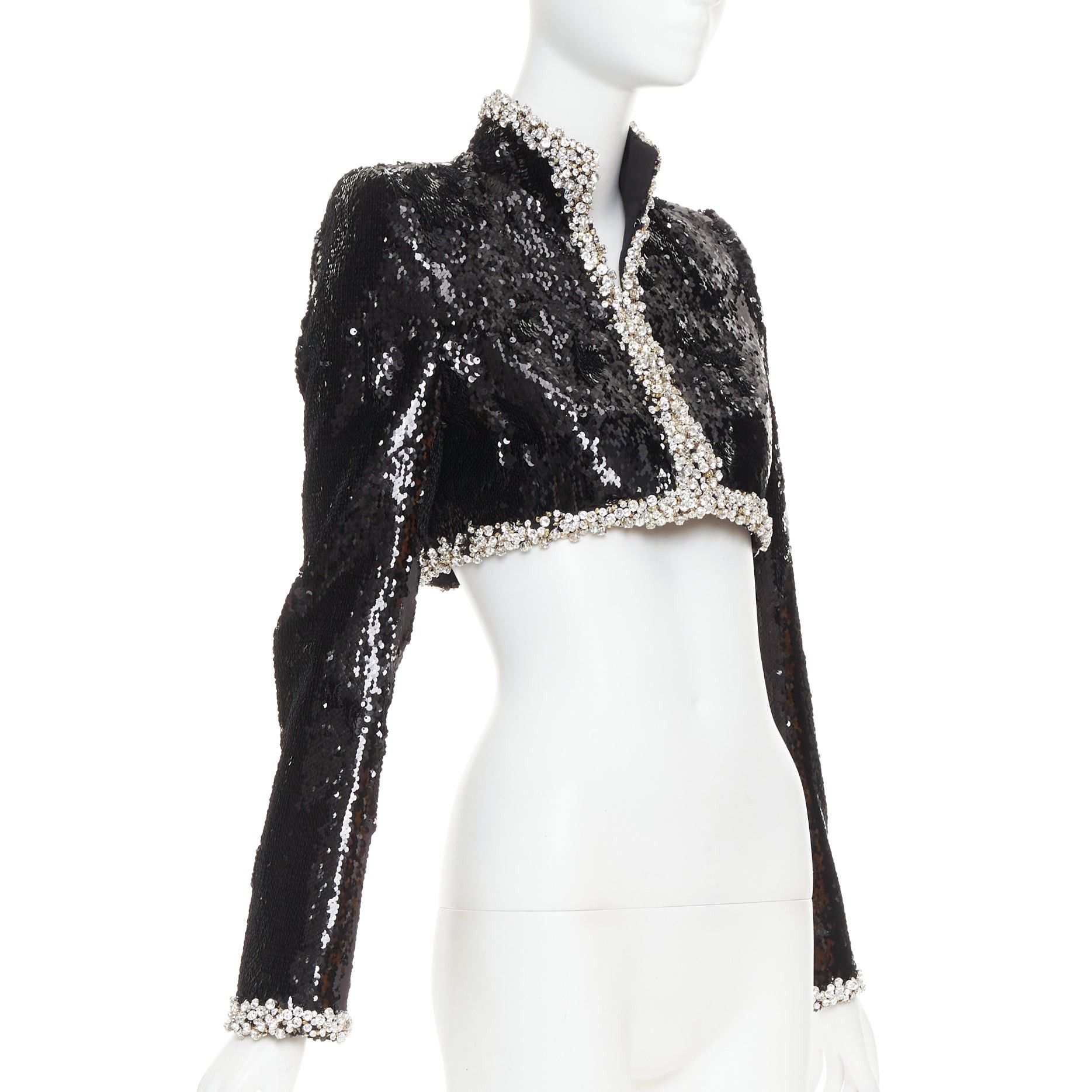 Alexandre Vauthier ALEXANDRE VAUTHIER COUTURE SS2025 Runway black pailette silver rhinestone encrusted crop jacket Size S / US 4 / IT 40 - 4 Thumbnail