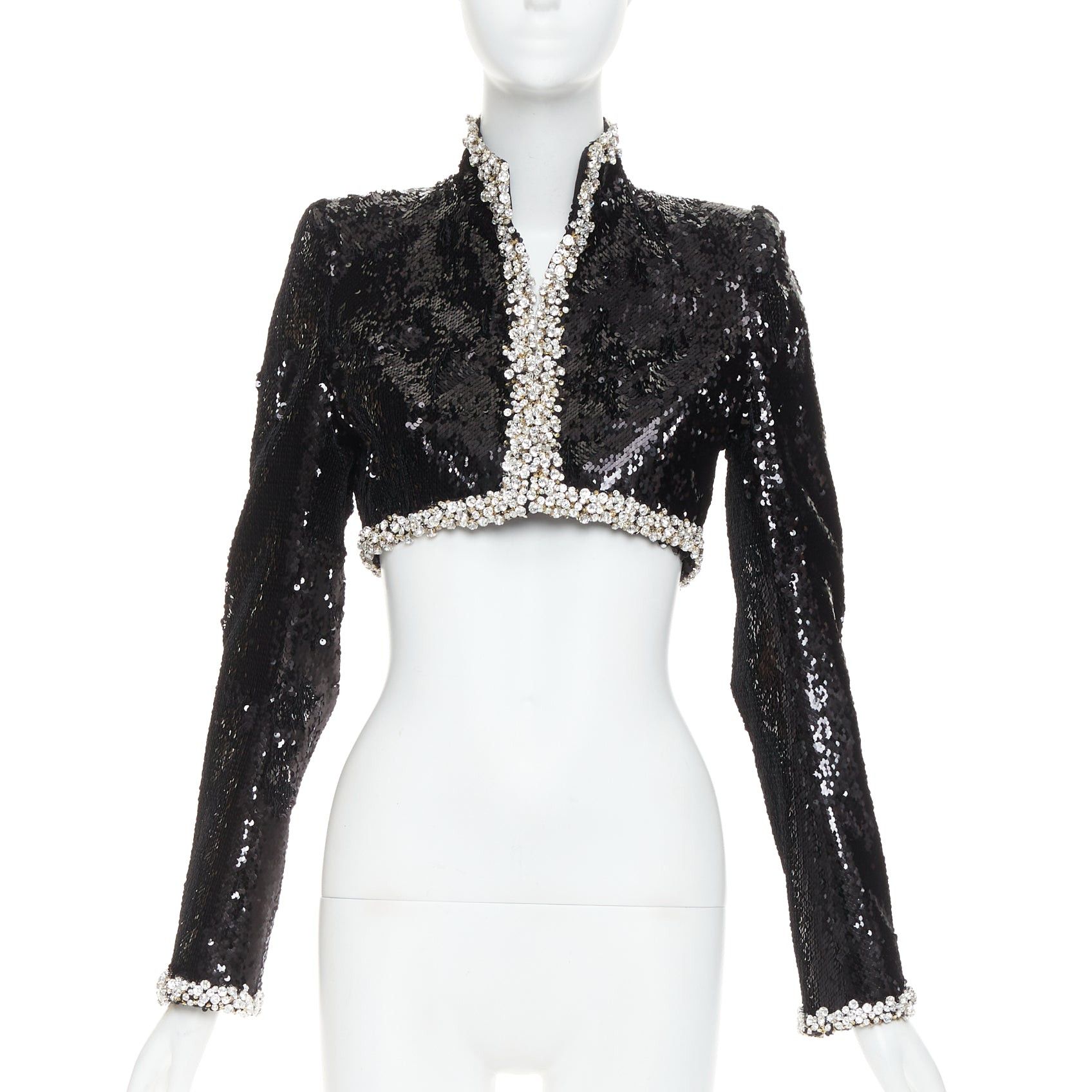 Alexandre Vauthier ALEXANDRE VAUTHIER COUTURE SS2025 Runway black pailette silver rhinestone encrusted crop jacket Size S / US 4 / IT 40 - 3 Thumbnail