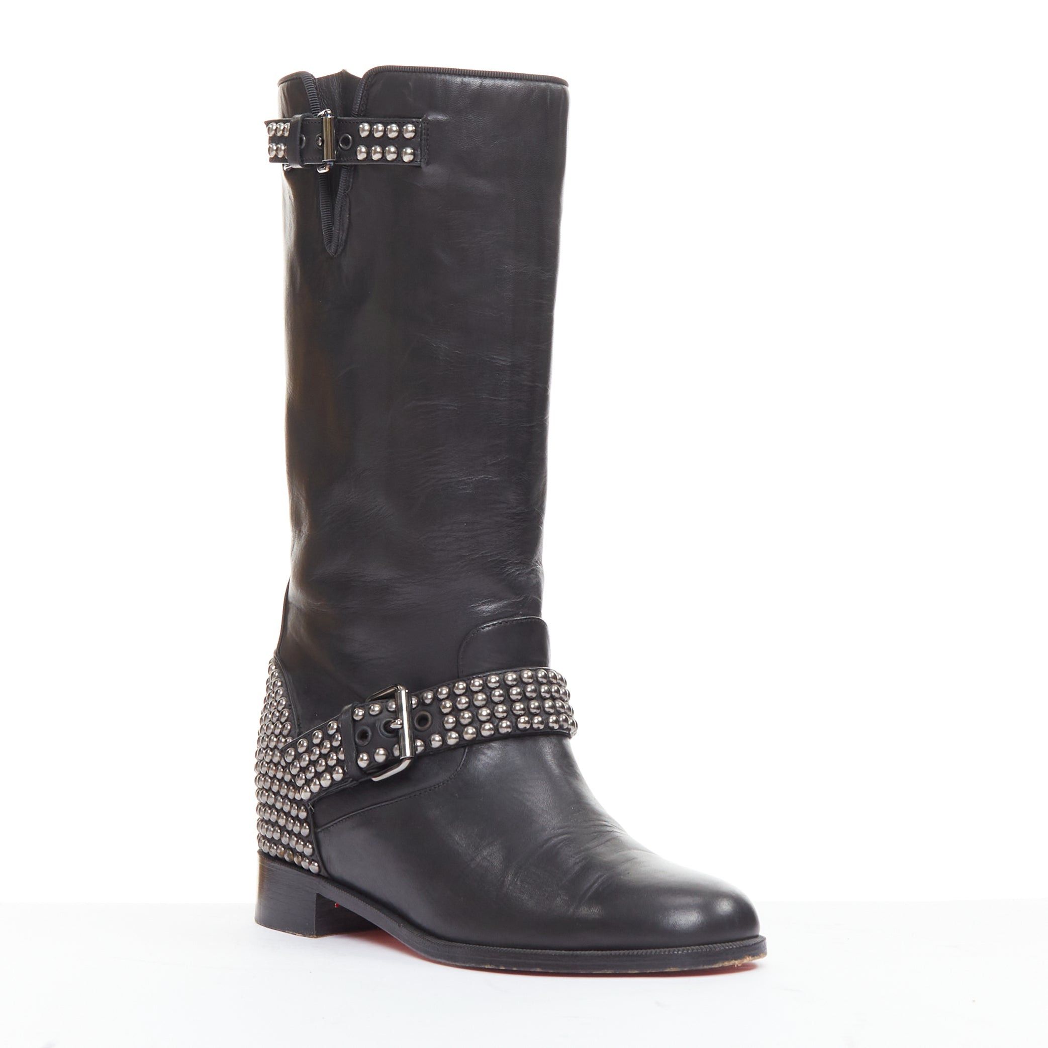 Christian Louboutin CHRISTIAN LOUBOUTIN Bicloubutu black silver studded moto biker wedged boots EU35 Size US 5 / IT 35 - 2 Thumbnail