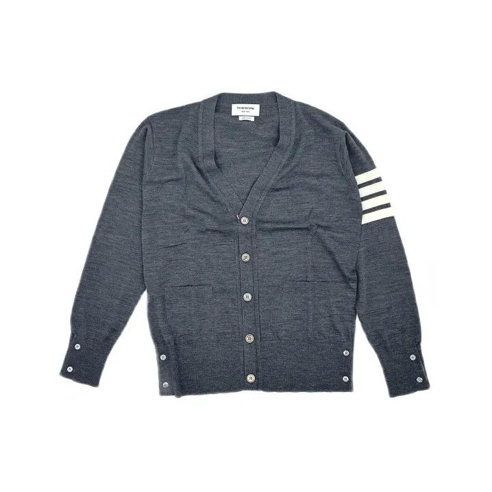 Thom Browne Thom Browne Gray V-Neck Cardigan with Stripes Size US M / EU 48-50 / 2 - 2 Thumbnail