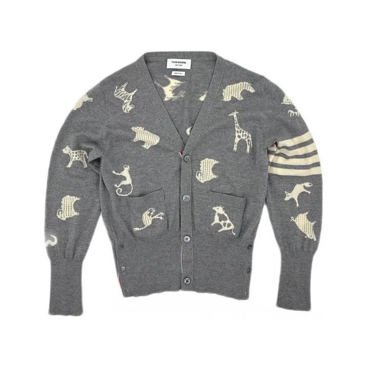 Thom Browne THOM BROWNE Gray Knitted Cardigan with Animal Patterns Size US M / EU 48-50 / 2 - 2 Thumbnail
