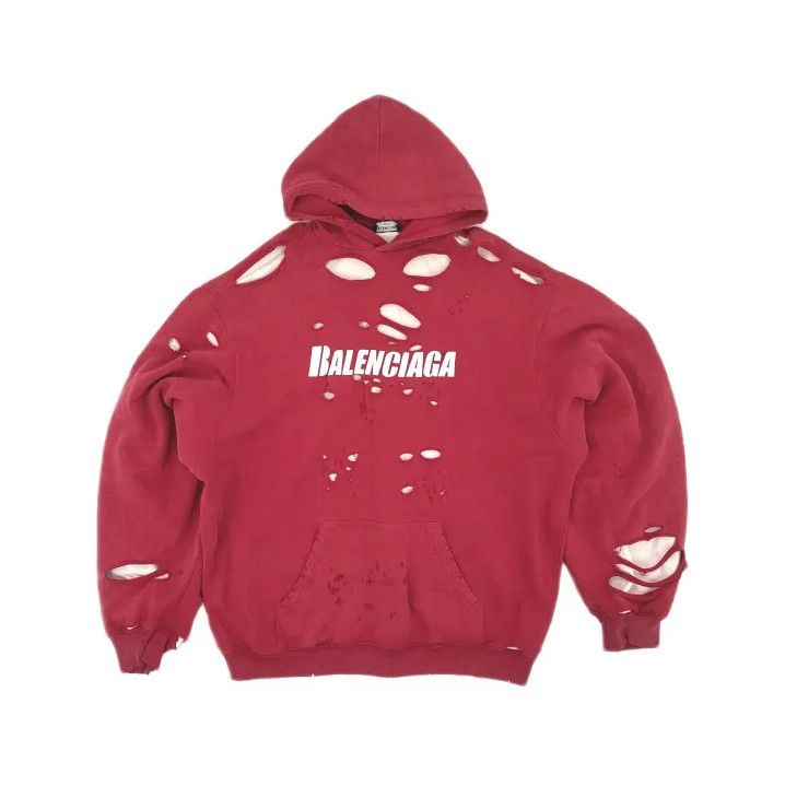 Balenciaga Balenciaga Classic Distressed Red Hooded Sweatshirt Size US XXS / EU 40 - 2 Thumbnail