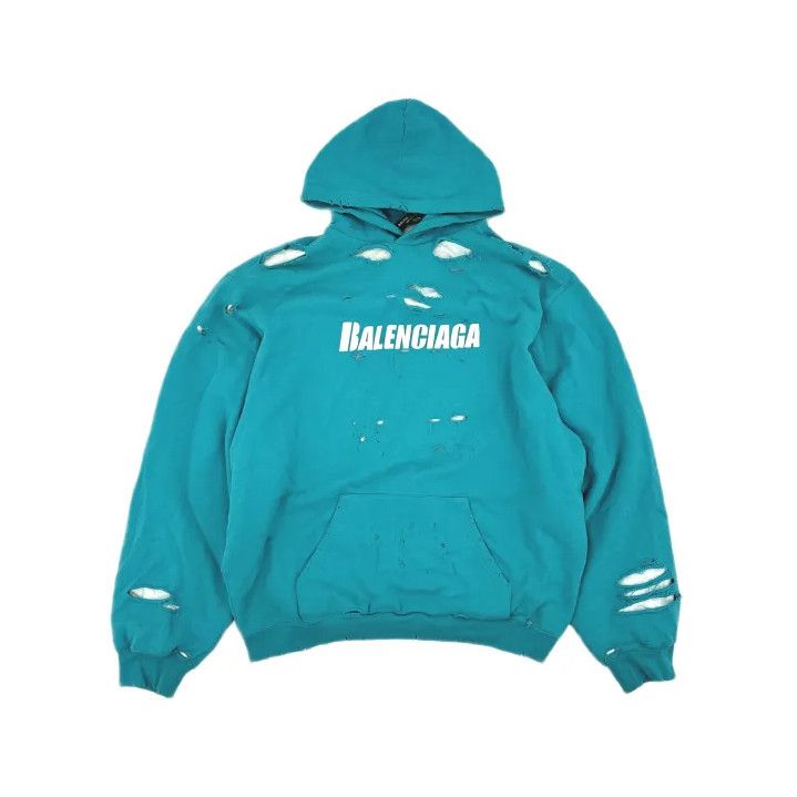 Balenciaga Balenciaga Distressed Hooded Sweatshirt in Light Blue Size US M / EU 48-50 / 2 - 2 Thumbnail
