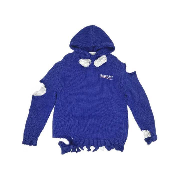 Balenciaga Balenciaga Distressed Blue Hoodie with Logo Embroidery Size US XS / EU 42 / 0 - 2 Thumbnail