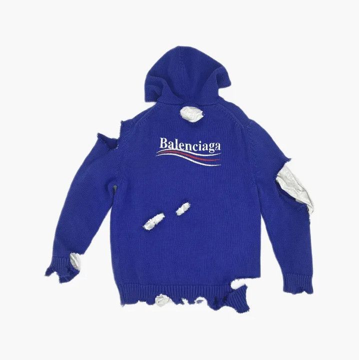 Balenciaga Balenciaga Distressed Blue Hoodie with Logo Embroidery Size US XS / EU 42 / 0 - 3 Thumbnail