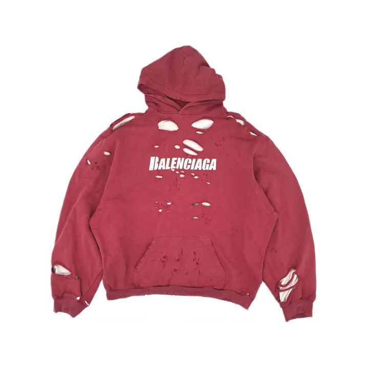 Balenciaga Balenciaga Red Hooded Sweatshirt with Distressed Details Size US M / EU 48-50 / 2 - 2 Thumbnail