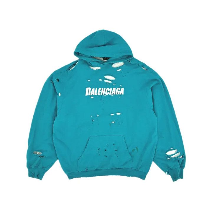 Balenciaga Balenciaga Distressed Hoodie in Sky Blue Size US M / EU 48-50 / 2 - 2 Thumbnail