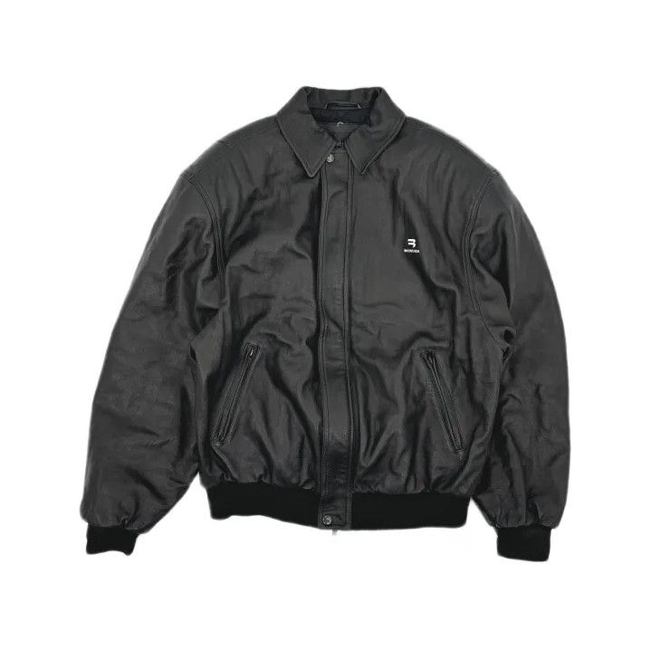 Balenciaga Black Logo Leather Bomber Jacket