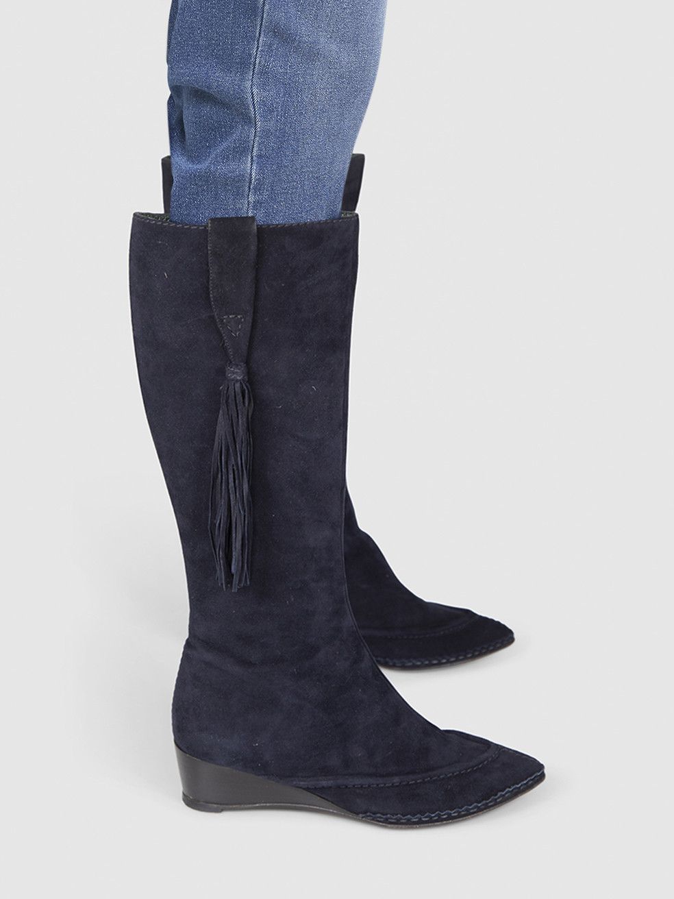 Fratelli Rossetti Navy Suede Low Wedge Boots Size US 6 / IT 36 - 2 Thumbnail