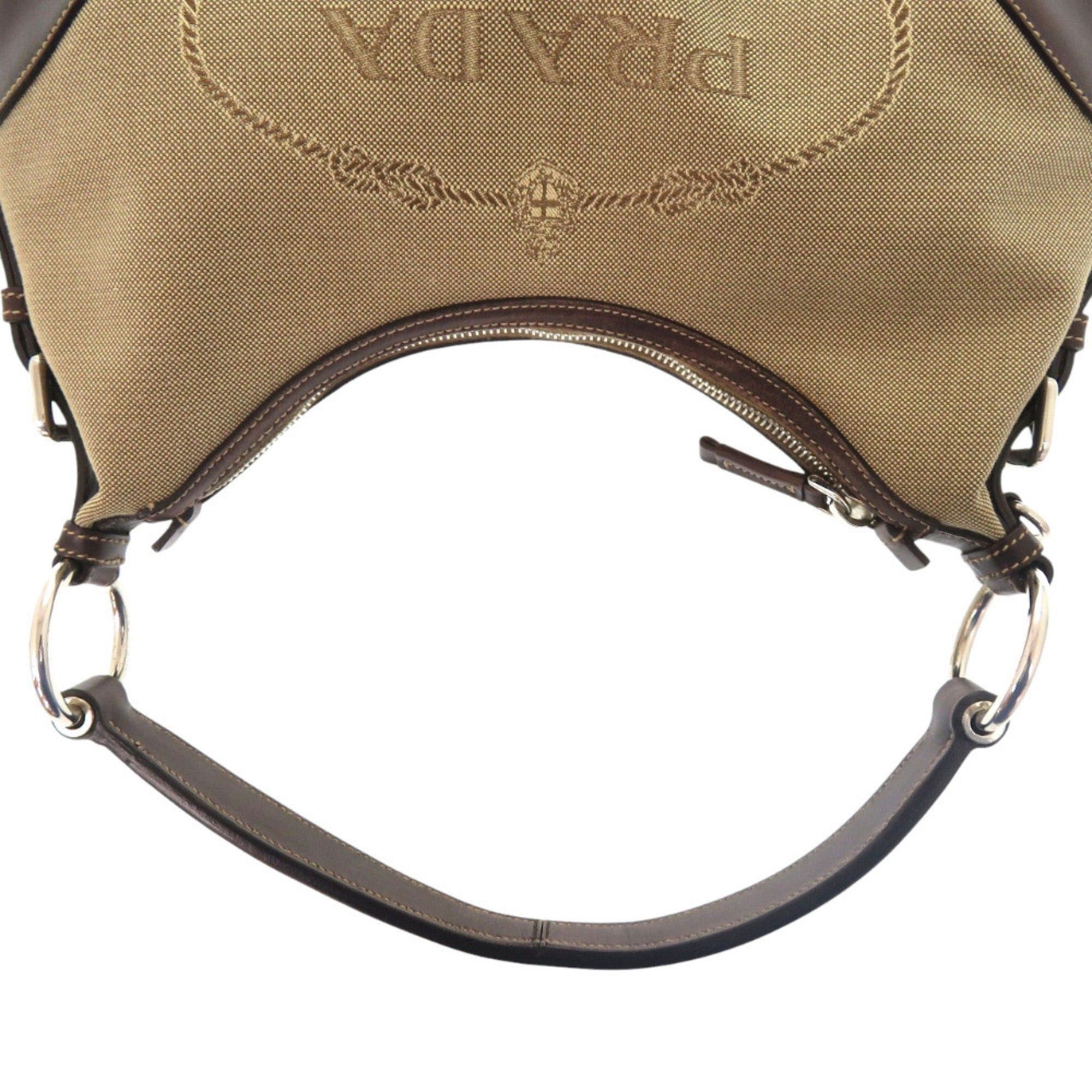 Prada Excellent condition Prada logo jacquard canvas bag BR3429 with silver hardware, semi-shoulder or one-shoulder style, brown leather, 0505 Size ONE SIZE - 4 Thumbnail