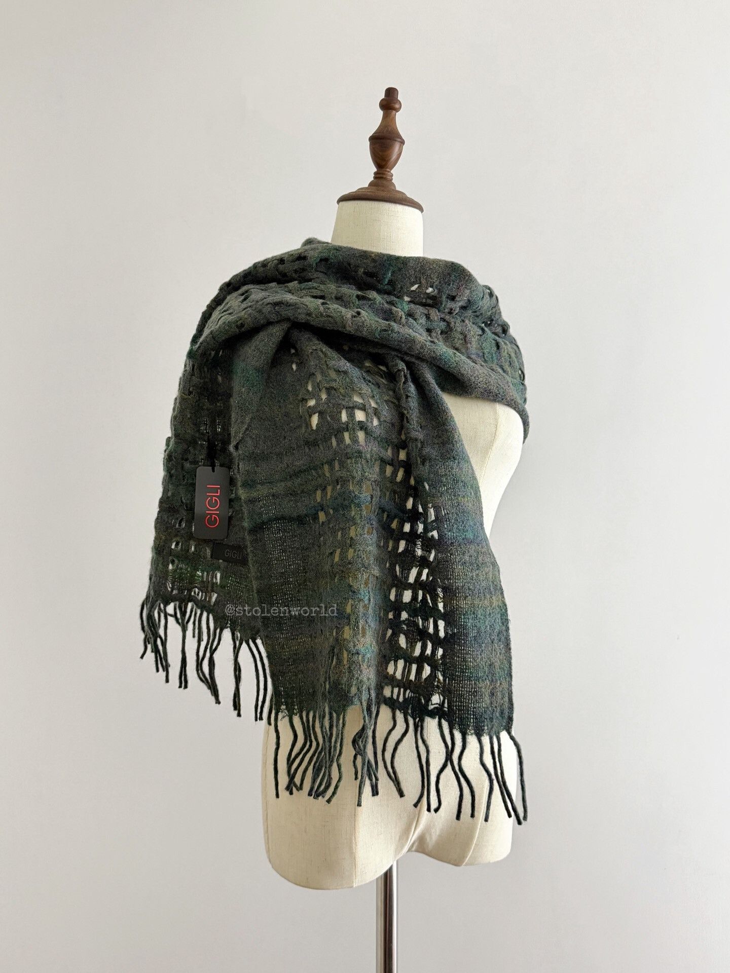 Romeo Gigli dark green wool woven scarf Size ONE SIZE - 5 Thumbnail