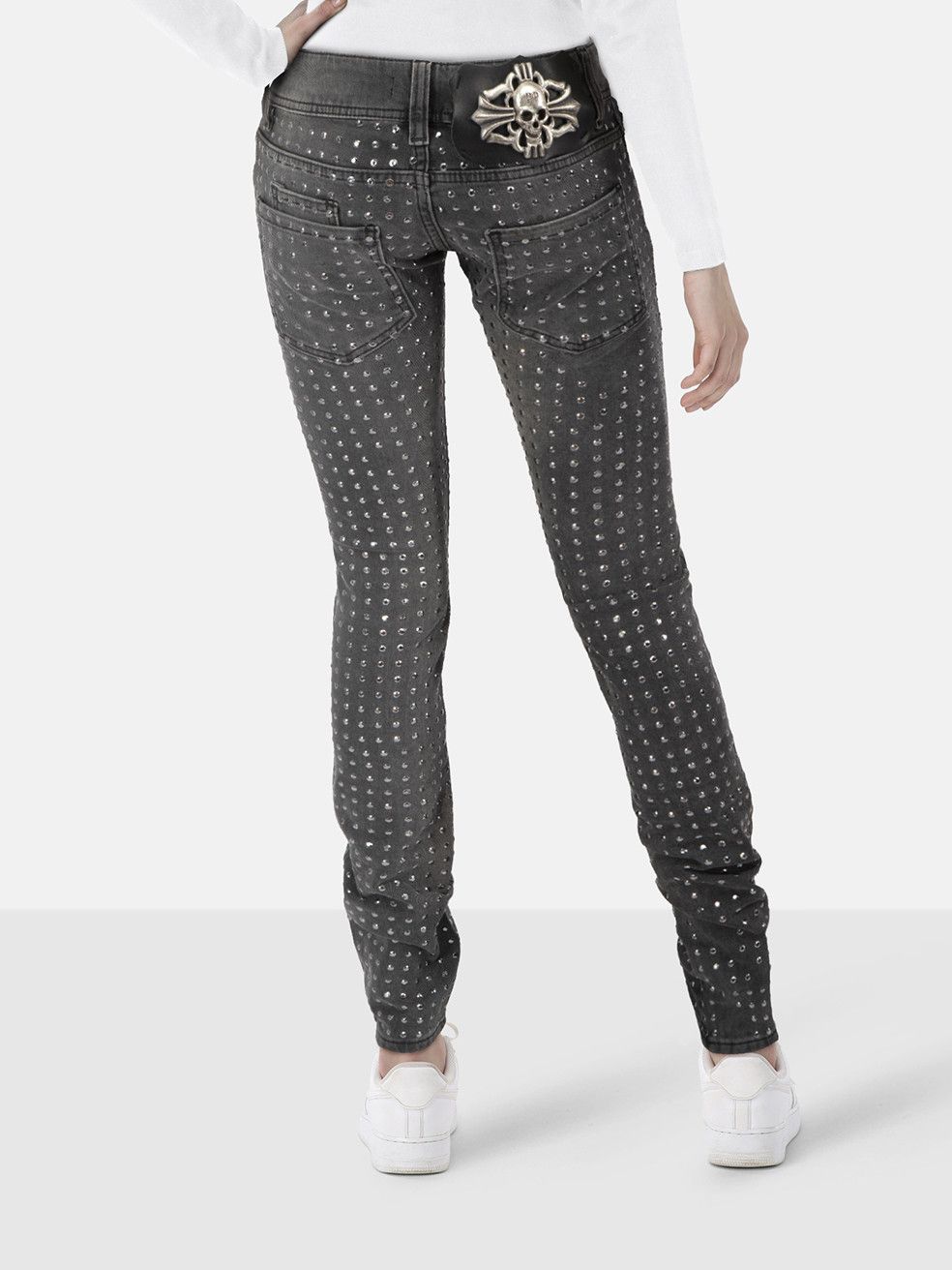 Philipp Plein Grey Rhinestone & Skull Skinny Jeans Size 27" / US 4 / IT 40 - 2 Thumbnail