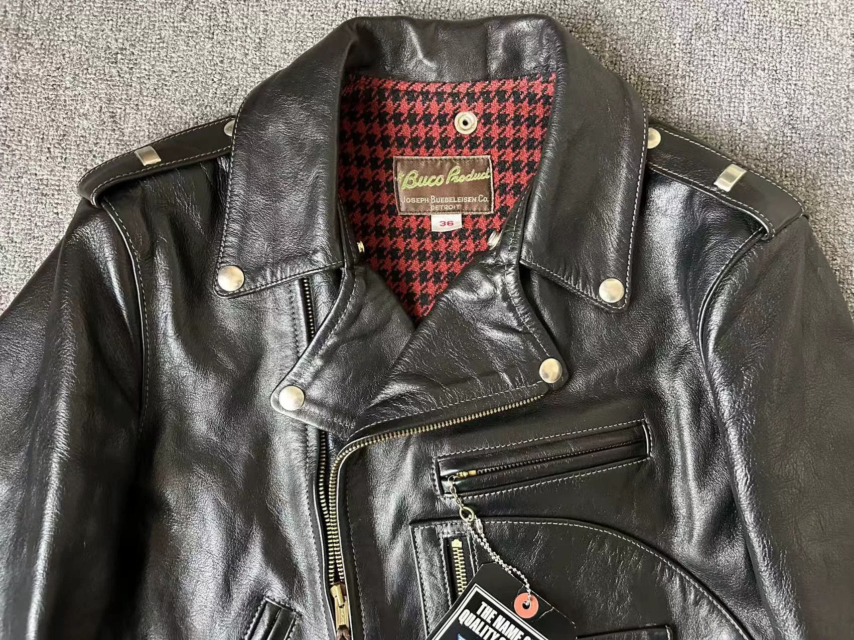 The Real McCoy's black leather motorcycle jacket with houndstooth lining Size US S / EU 44-46 / 1 - 3 Thumbnail