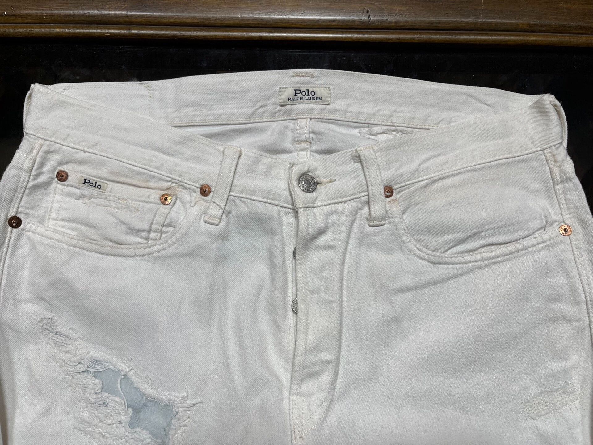 RRL Ralph Lauren white distressed patch denim pants Size US 33 - 3 Thumbnail