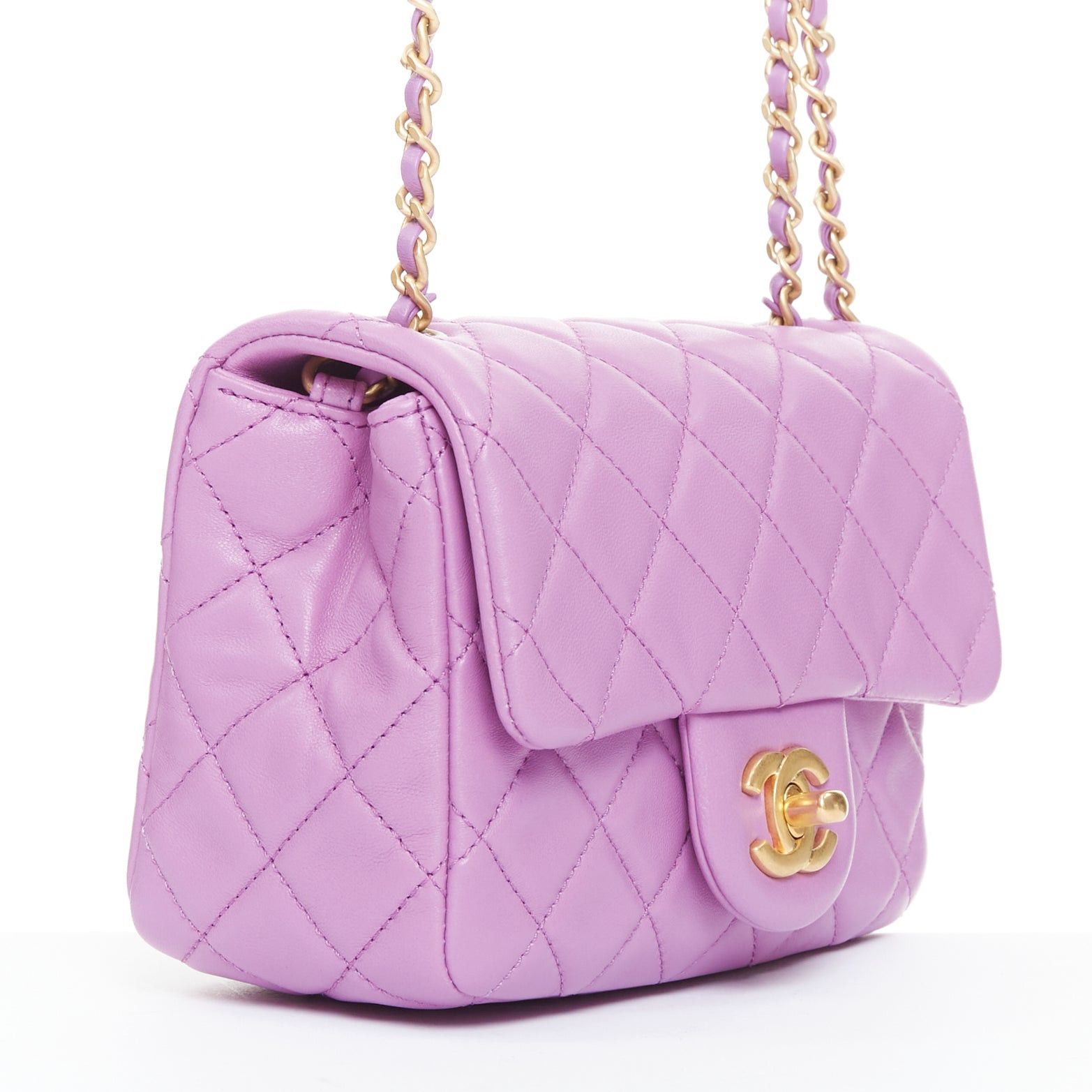 Chanel CHANEL Pearl Crush Mini Square Flap purple lambskin aged gold hardware crossbody bag Size ONE SIZE - 3 Thumbnail