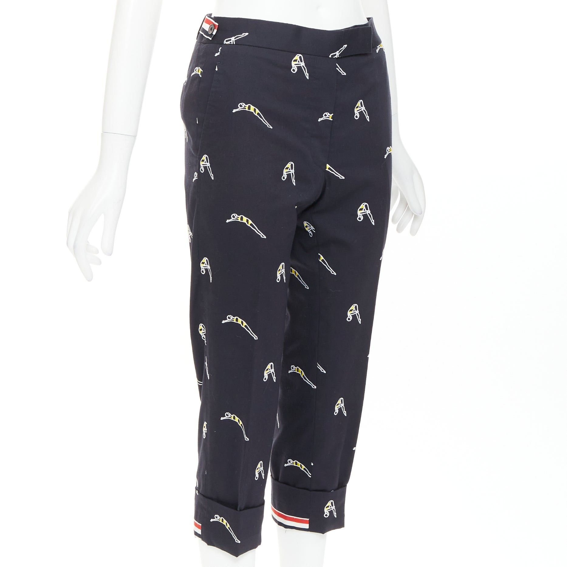Thom Browne THOM BROWNE navy blue cotton yellow diver embroidery cropped chino pants US0 XS Size 27" / US 4 / IT 40 - 3 Thumbnail