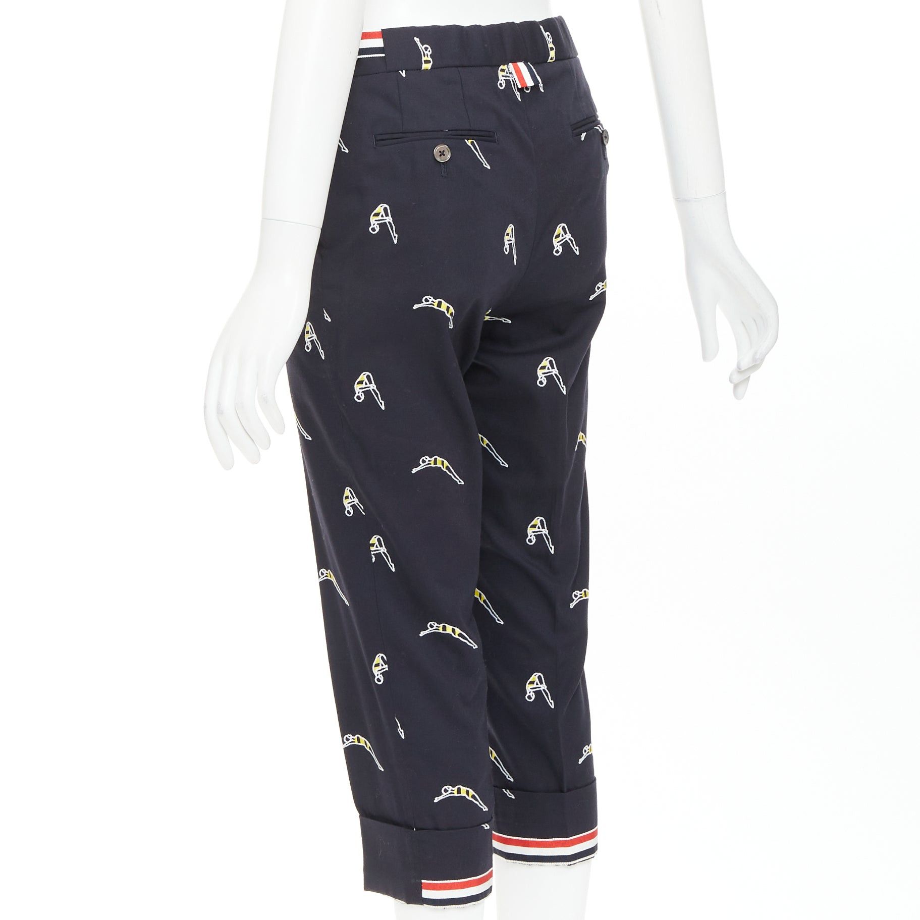 Thom Browne THOM BROWNE navy blue cotton yellow diver embroidery cropped chino pants US0 XS Size 27" / US 4 / IT 40 - 6 Thumbnail