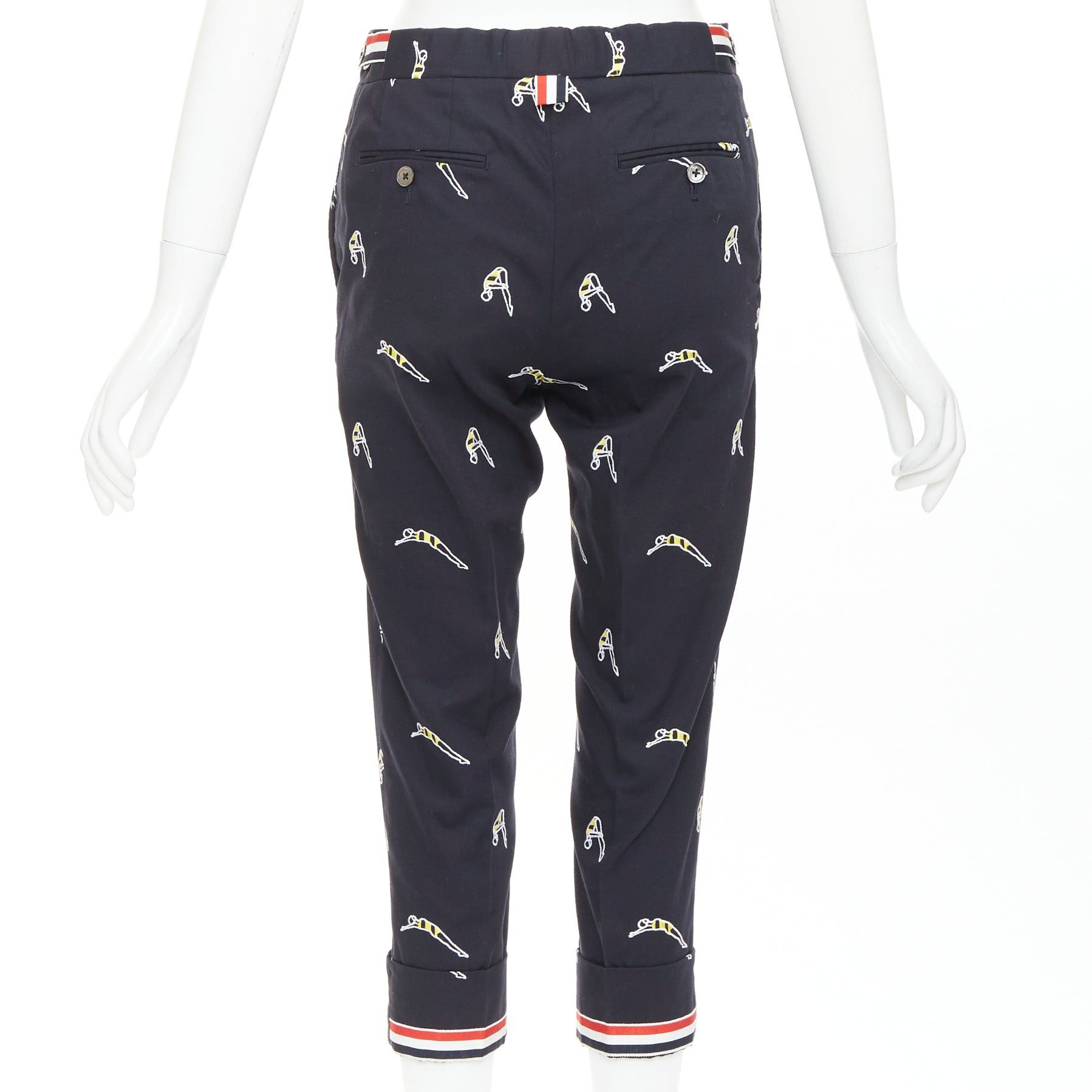 Thom Browne THOM BROWNE navy blue cotton yellow diver embroidery cropped chino pants US0 XS Size 27" / US 4 / IT 40 - 5 Thumbnail