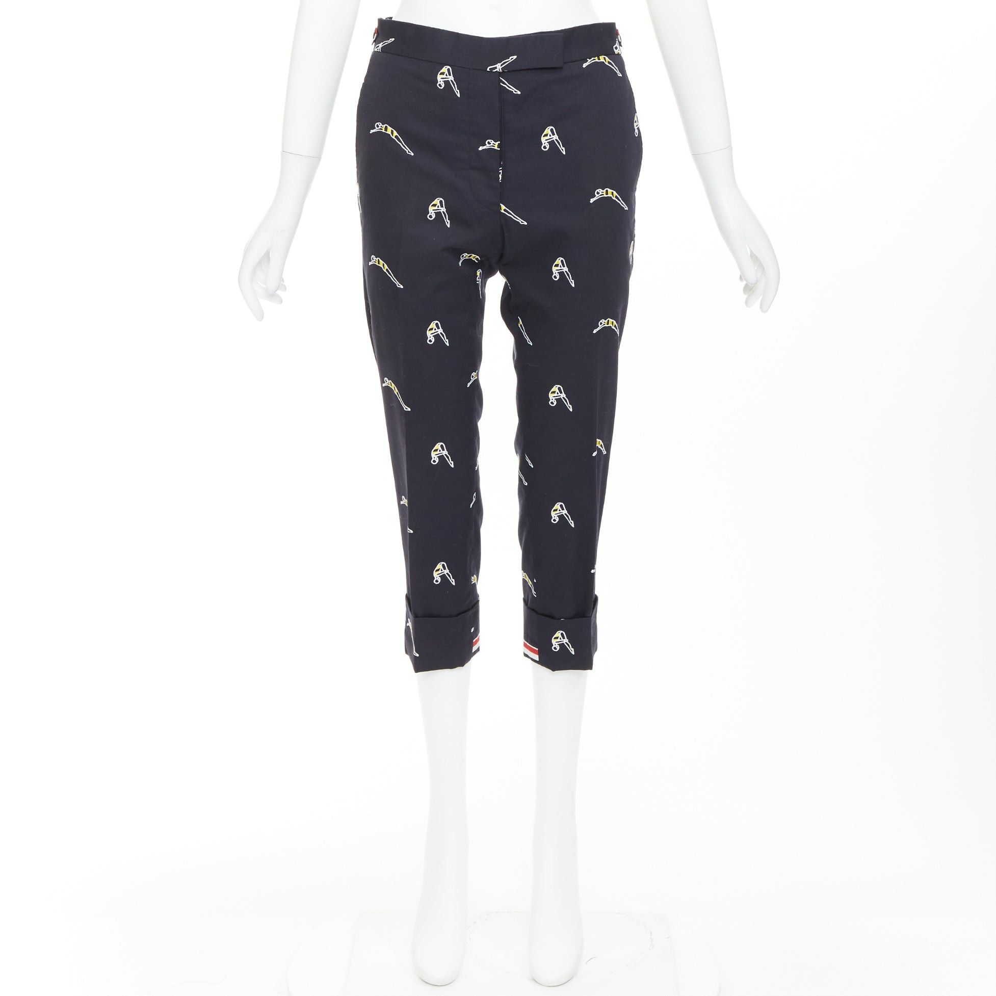 Thom Browne THOM BROWNE navy blue cotton yellow diver embroidery cropped chino pants US0 XS Size 27" / US 4 / IT 40 - 9 Thumbnail
