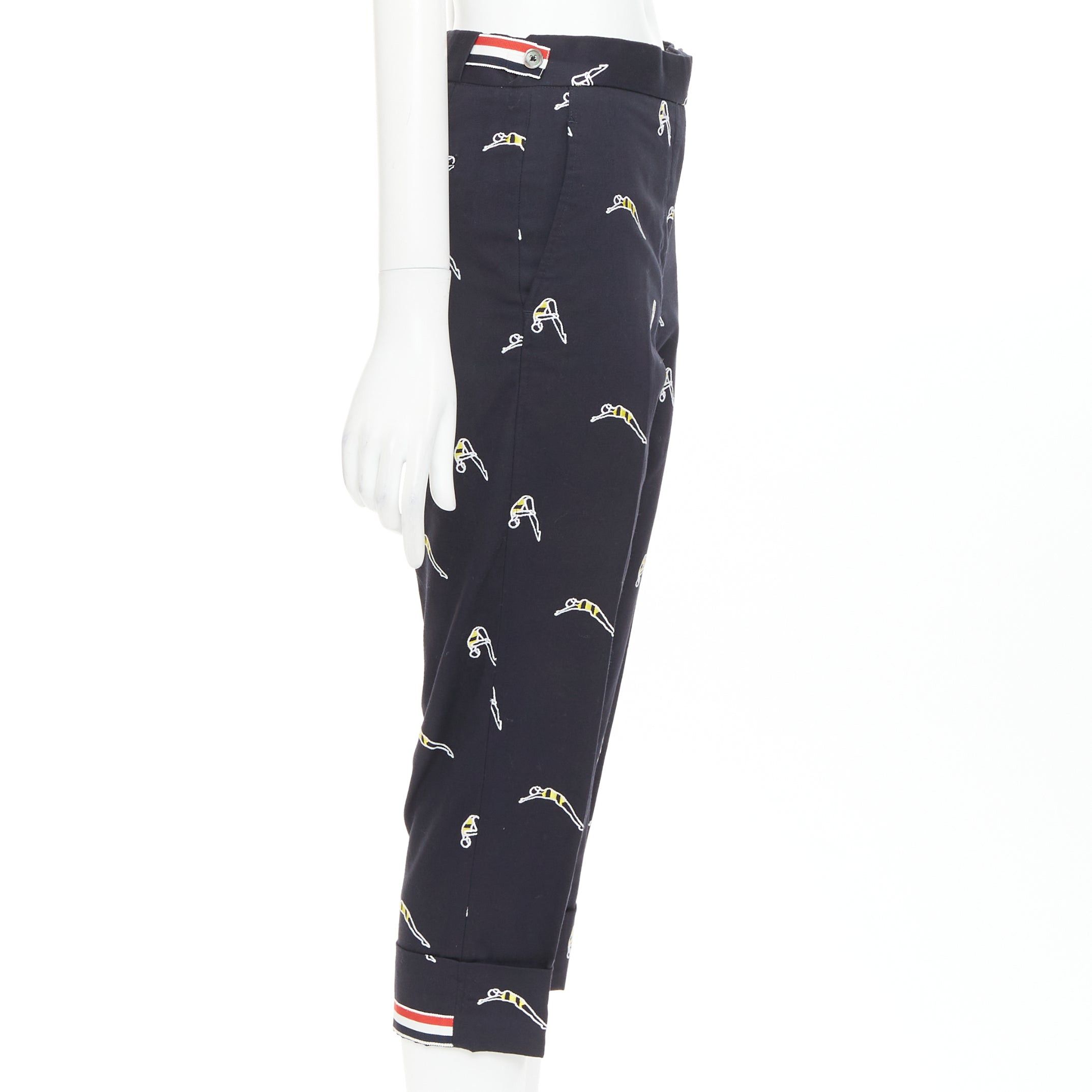 Thom Browne THOM BROWNE navy blue cotton yellow diver embroidery cropped chino pants US0 XS Size 27" / US 4 / IT 40 - 4 Thumbnail