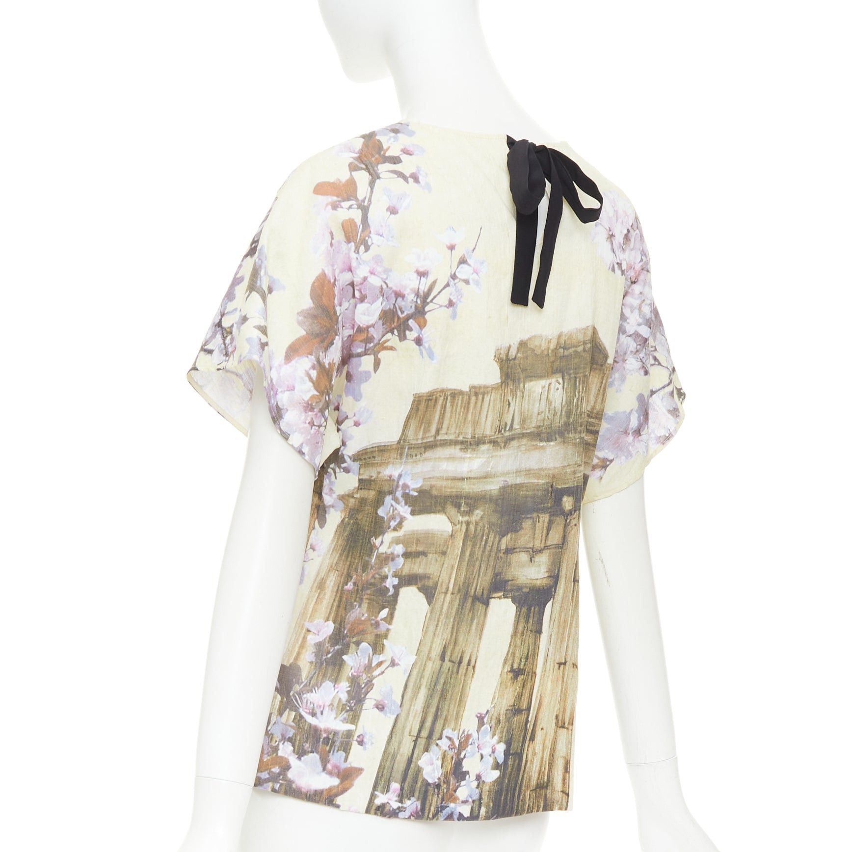 Dolce & Gabbana DOLCE GABBANA 100% silk cream purple Rome Ruins floral print boxy top IT38 XS Size XS / US 0-2 / IT 36-38 - 6 Thumbnail