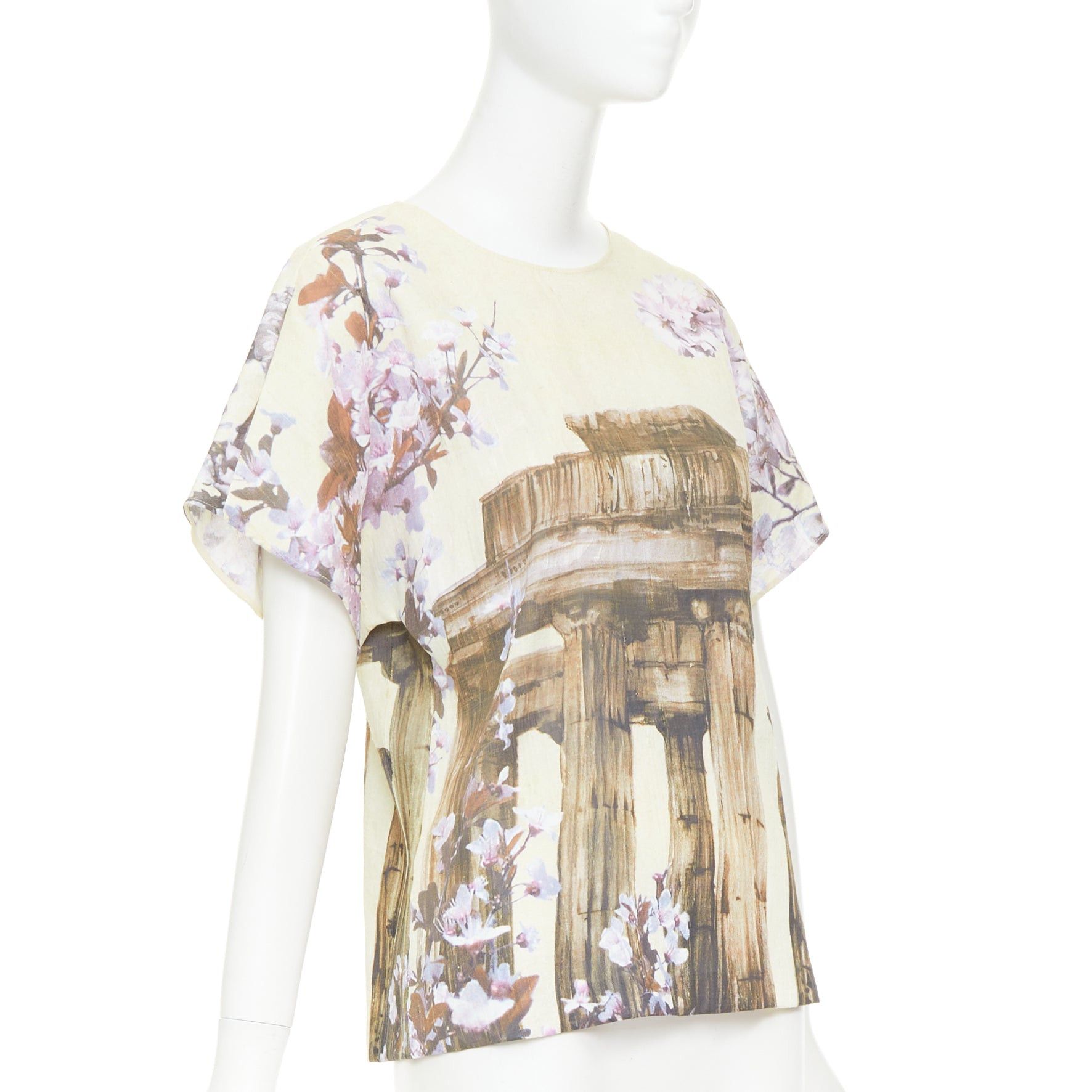 Dolce & Gabbana DOLCE GABBANA 100% silk cream purple Rome Ruins floral print boxy top IT38 XS Size XS / US 0-2 / IT 36-38 - 3 Thumbnail