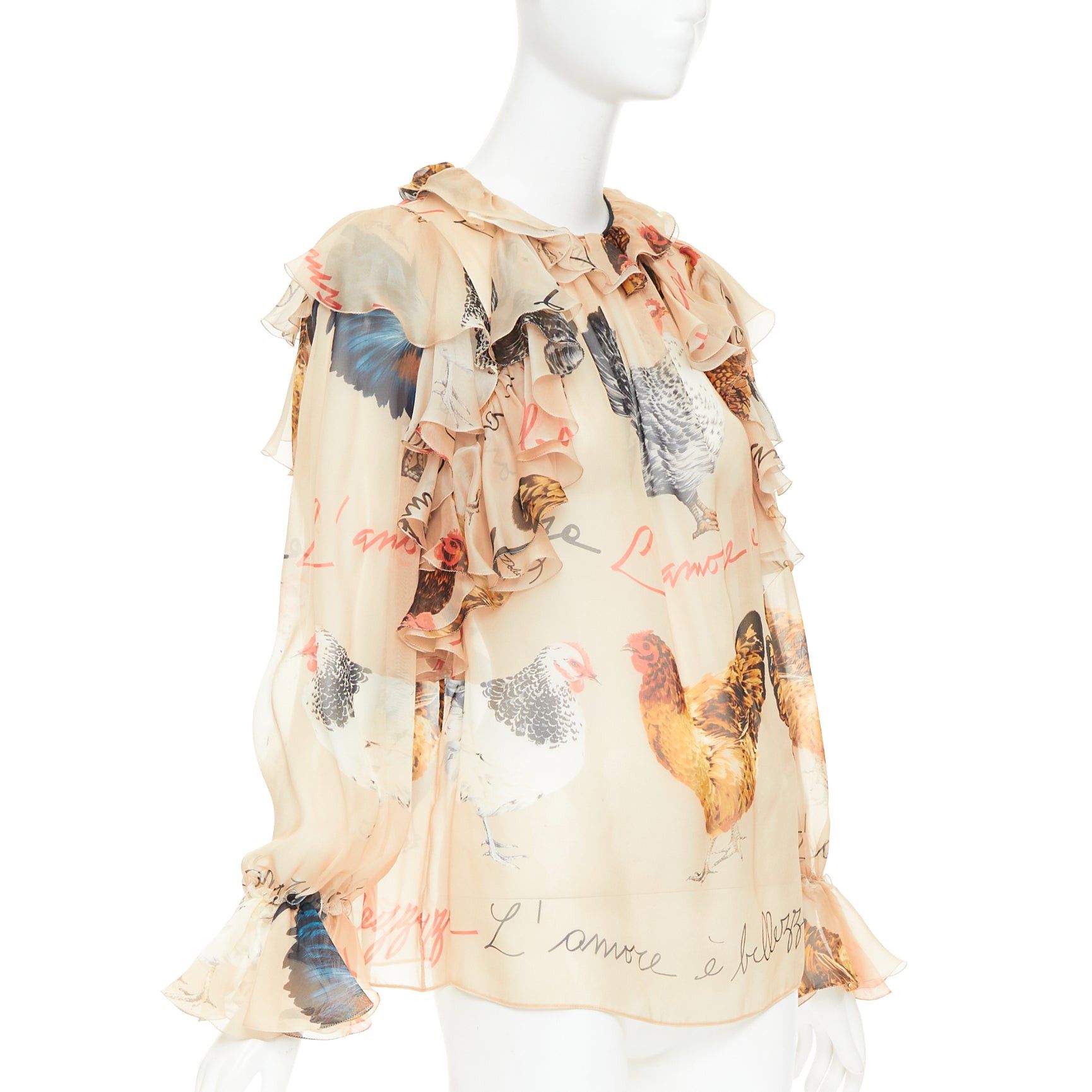 Dolce & Gabbana DOLCE GABBANA 100% silk beige chiken hen print sheer ruffled blouse IT38 XS Size XS / US 0-2 / IT 36-38 - 3 Thumbnail
