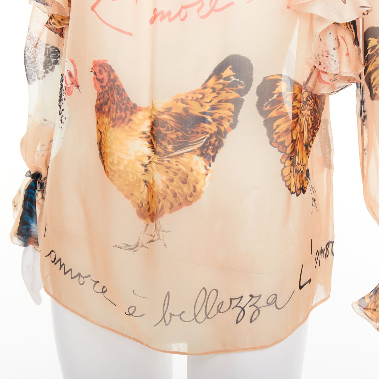 Dolce & Gabbana DOLCE GABBANA 100% silk beige chiken hen print sheer ruffled blouse IT38 XS Size XS / US 0-2 / IT 36-38 - 7 Thumbnail