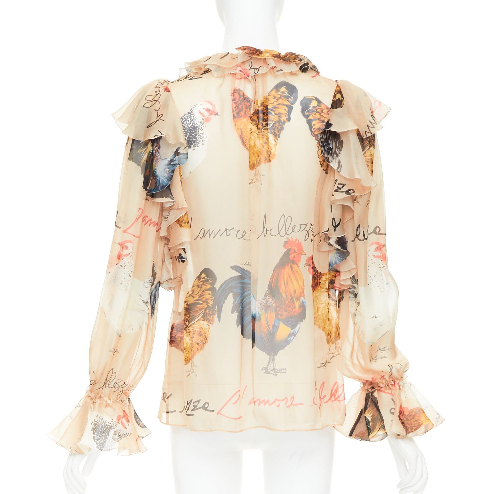 Dolce & Gabbana DOLCE GABBANA 100% silk beige chiken hen print sheer ruffled blouse IT38 XS Size XS / US 0-2 / IT 36-38 - 5 Thumbnail