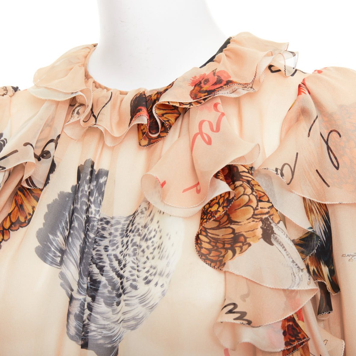 Dolce & Gabbana DOLCE GABBANA 100% silk beige chiken hen print sheer ruffled blouse IT38 XS Size XS / US 0-2 / IT 36-38 - 2 Thumbnail