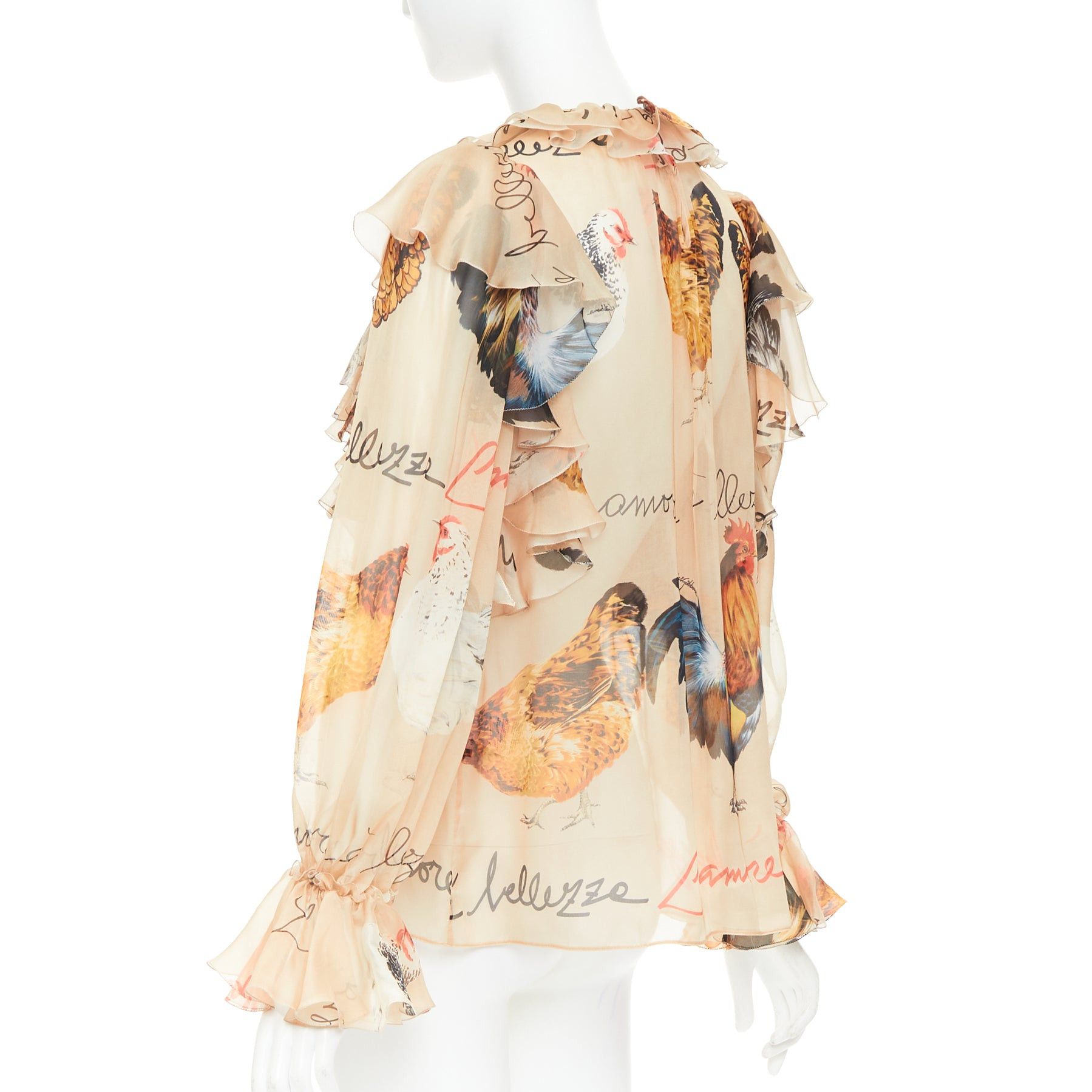 Dolce & Gabbana DOLCE GABBANA 100% silk beige chiken hen print sheer ruffled blouse IT38 XS Size XS / US 0-2 / IT 36-38 - 6 Thumbnail
