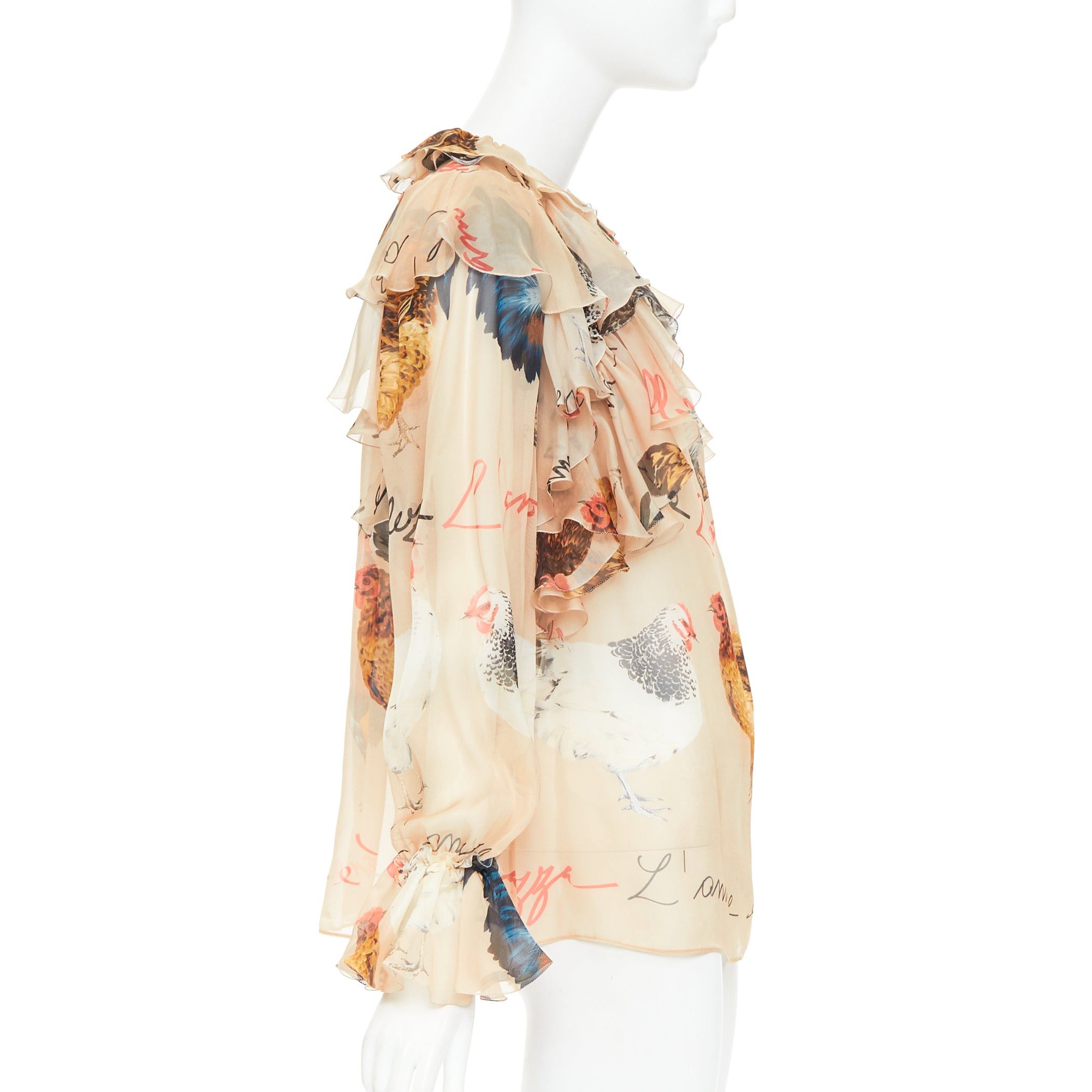 Dolce & Gabbana DOLCE GABBANA 100% silk beige chiken hen print sheer ruffled blouse IT38 XS Size XS / US 0-2 / IT 36-38 - 4 Thumbnail