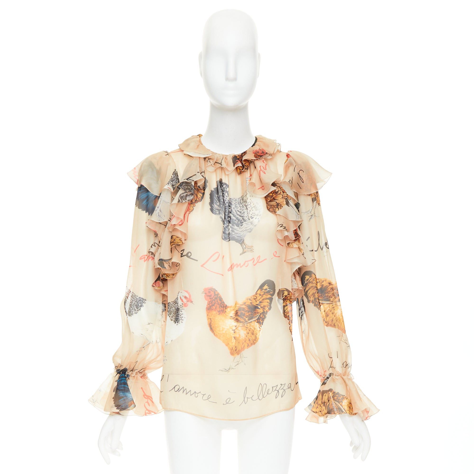 Dolce & Gabbana DOLCE GABBANA 100% silk beige chiken hen print sheer ruffled blouse IT38 XS Size XS / US 0-2 / IT 36-38 - 9 Thumbnail