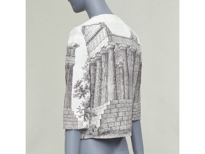 Dolce & Gabbana DOLCE GABBANA 2014 cream linen grey Greek Temple printed flax cropped jacket IT40 S Size S / US 4 / IT 40 - 6 Thumbnail