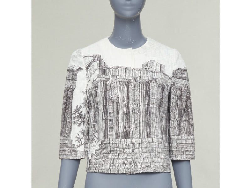Dolce & Gabbana DOLCE GABBANA 2014 cream linen grey Greek Temple printed flax cropped jacket IT40 S Size S / US 4 / IT 40 - 2 Thumbnail